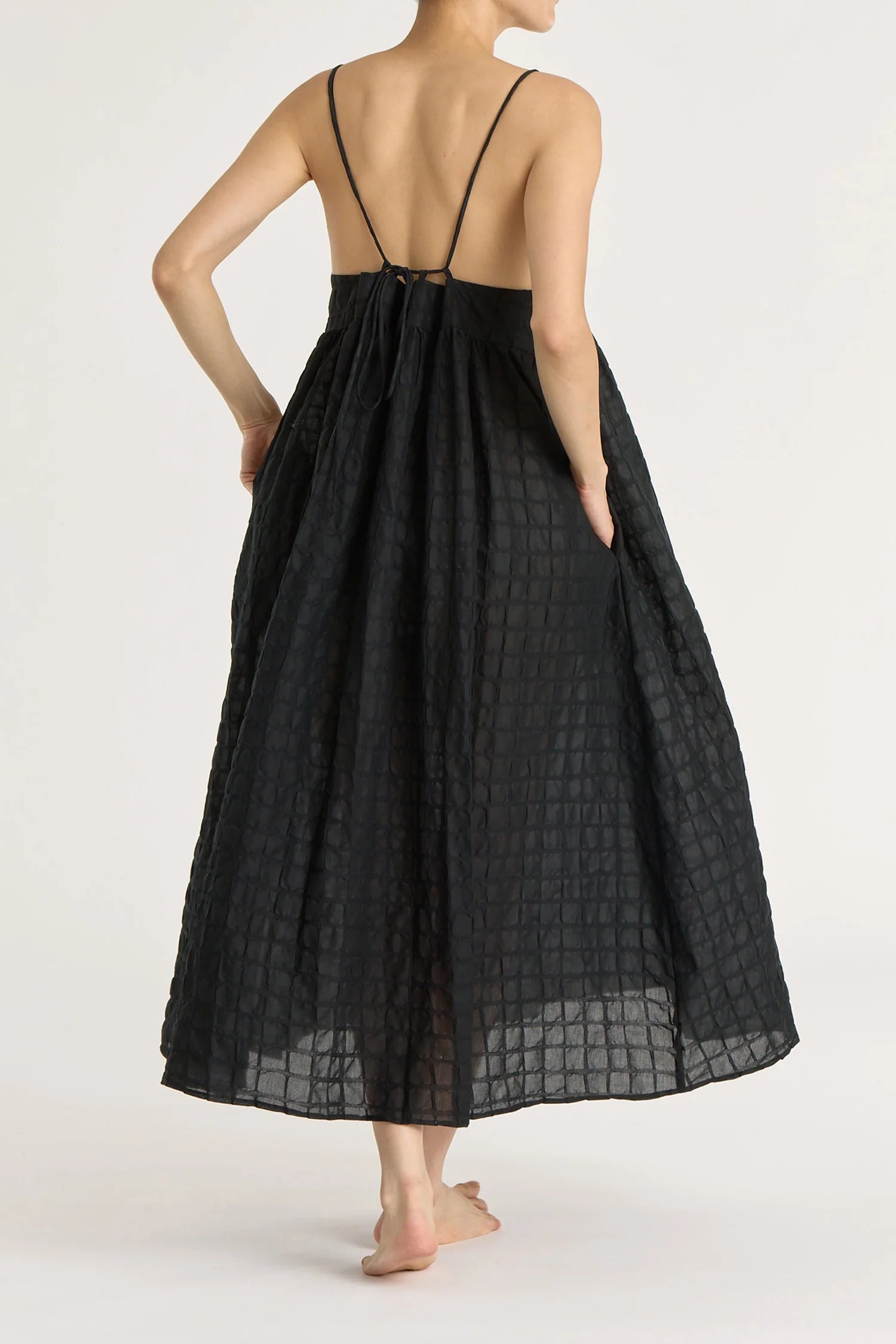 Black Crane Ripple Strap Dress/ Black
