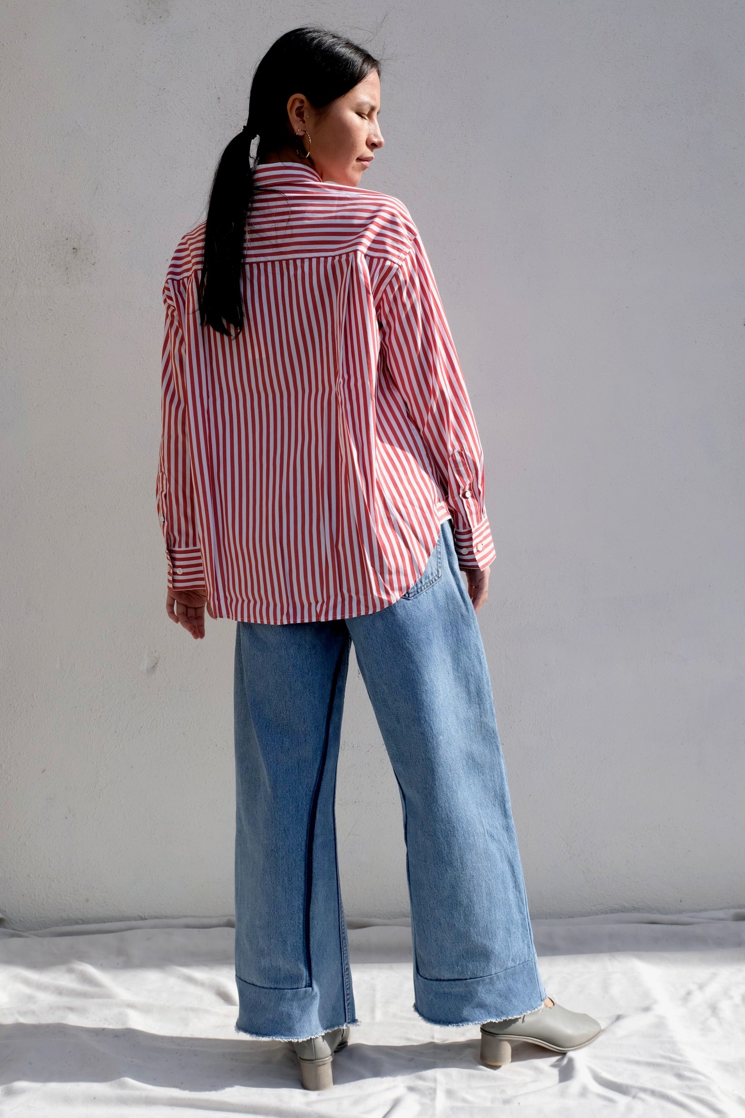 Clare V Emiliette Oversized Shirt / Red + Cream Stripe