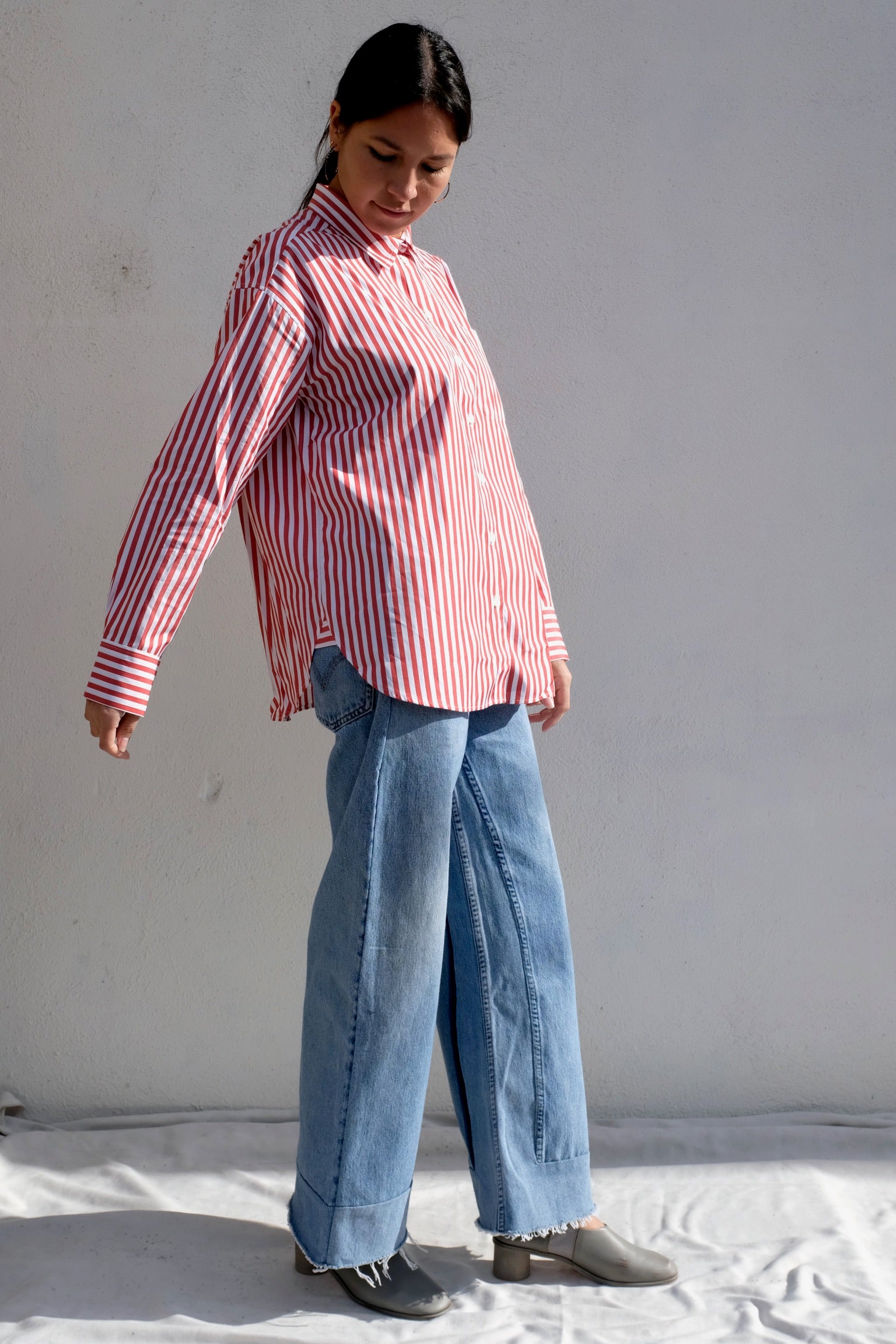 Clare V Emiliette Oversized Shirt / Red + Cream Stripe