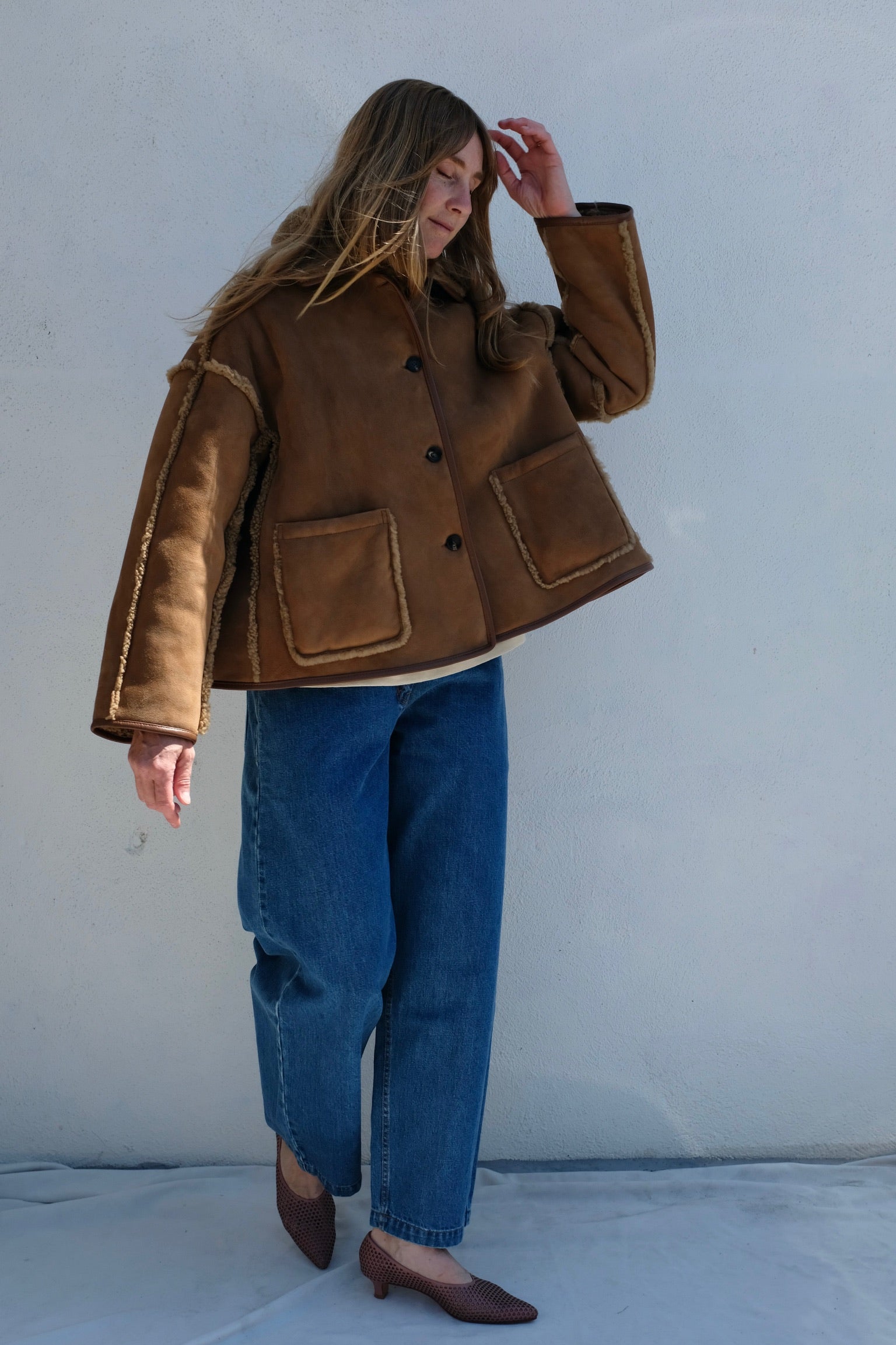 Suede Back Curly Hair Seam Out Avis Jacket / Tan