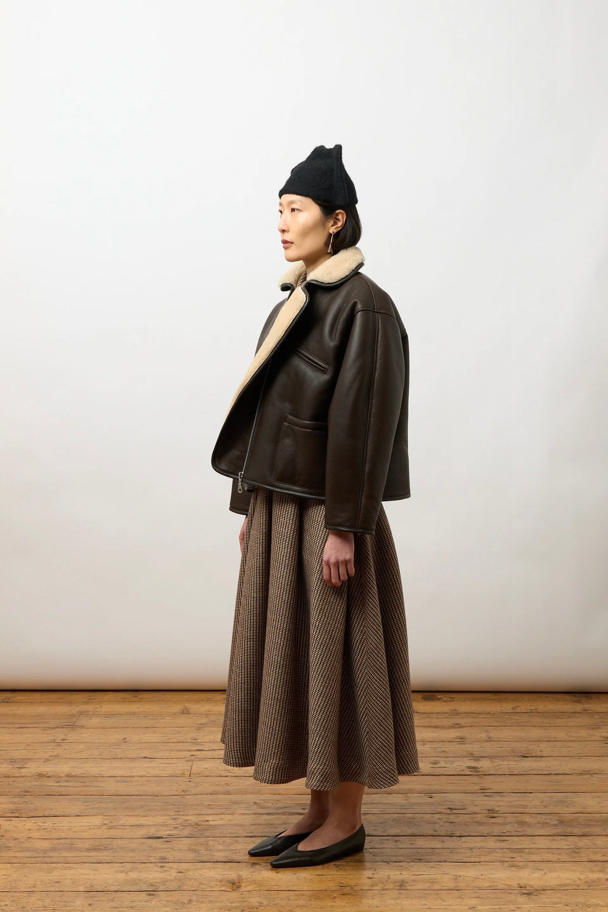 Cawley Leather Back Curly Hair Sheepskin Flying Jacket / Chocolate + Cream