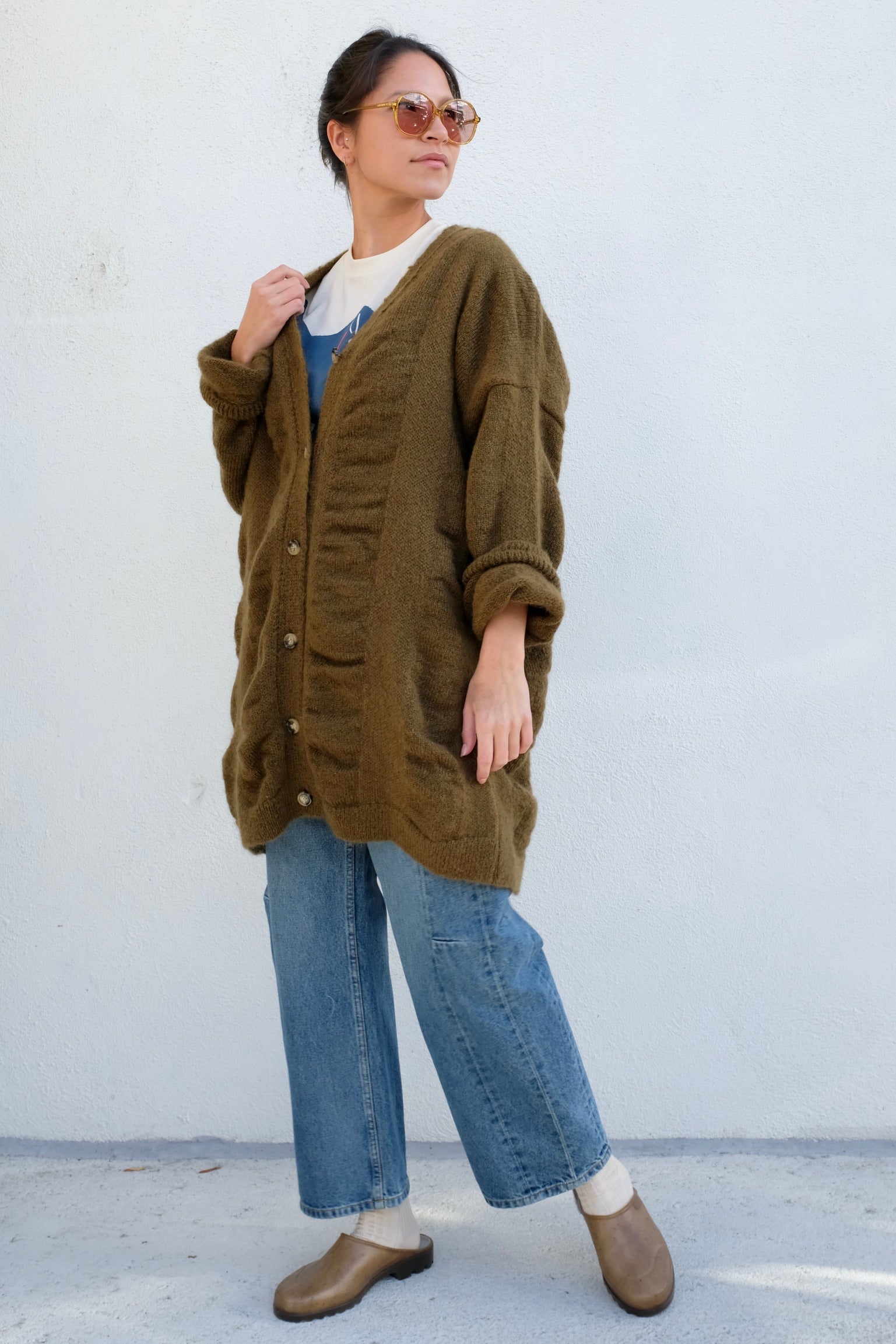 Black Crane Waterfall Cardigan / Dark Olive