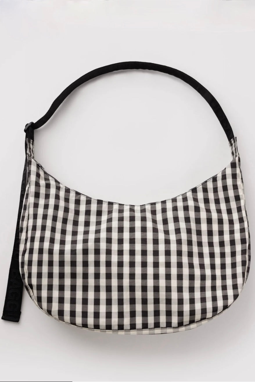 Large Nylon Crescent Bag / Black + Cream Gingham