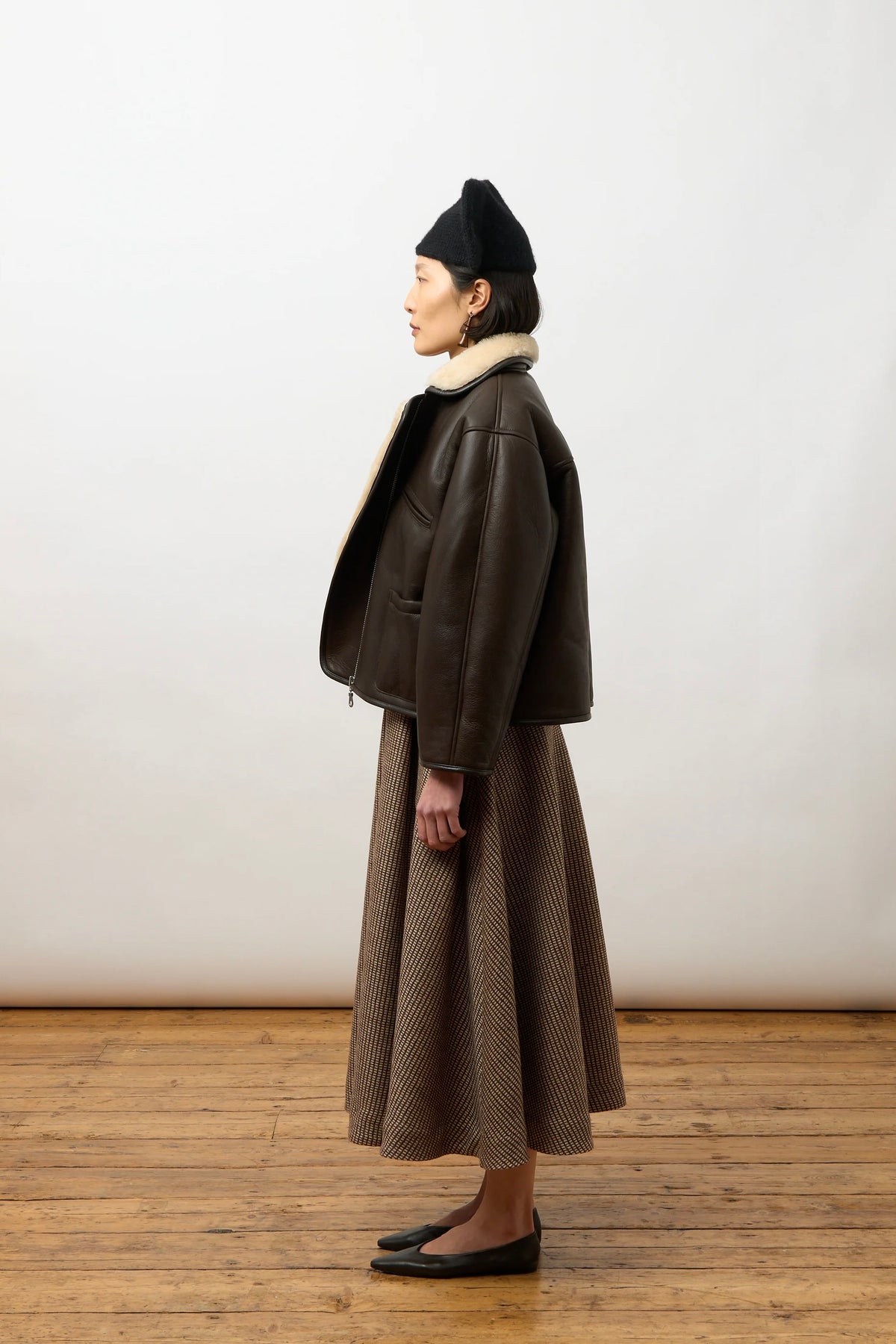 Cawley Leather Back Curly Hair Sheepskin Flying Jacket / Chocolate + Cream