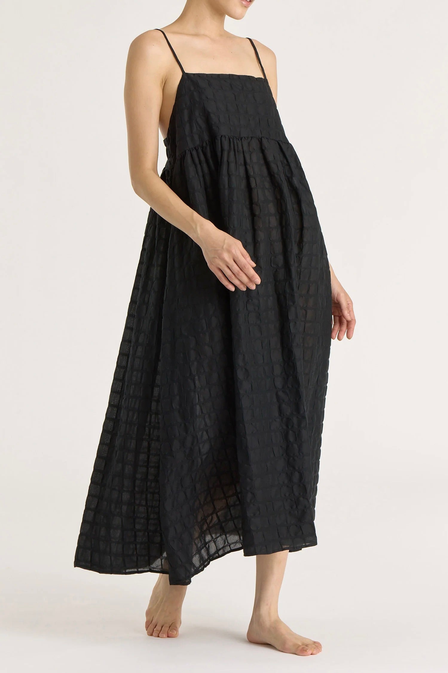 Black Crane Ripple Strap Dress/ Black