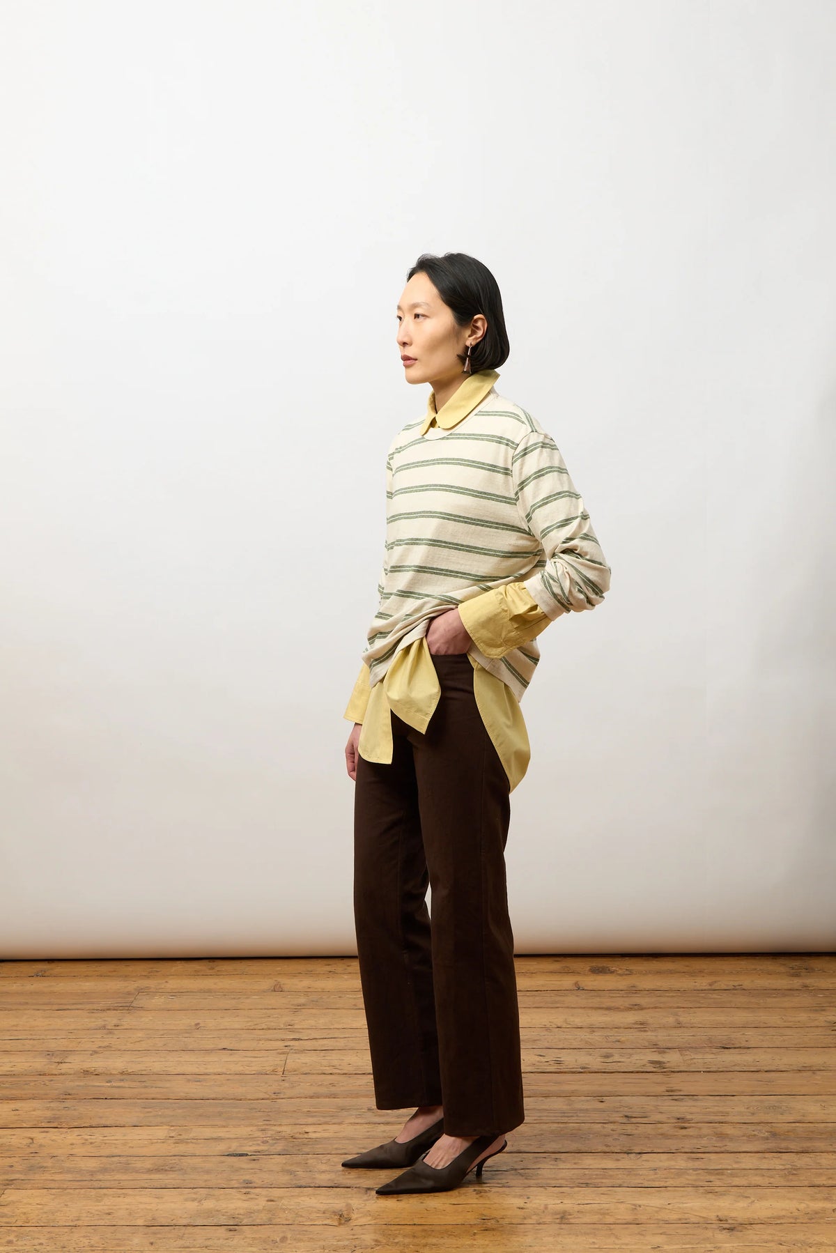 Cawley Japanese Striped Jersey LS T-Shirt / Ecru + Green + Blue Stripe