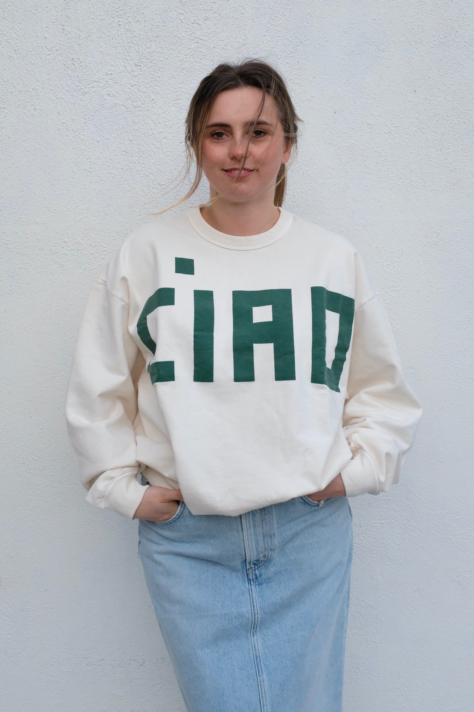 Clare V Oversized CIAO Sweatshirt / Cream + Evergreen