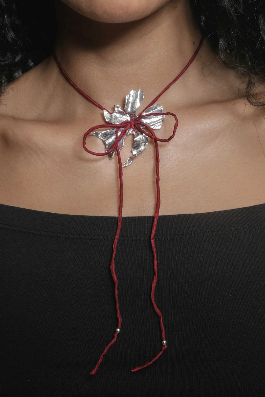 Wolf Circus Flower Cord Necklace / Sterling Silver + Red