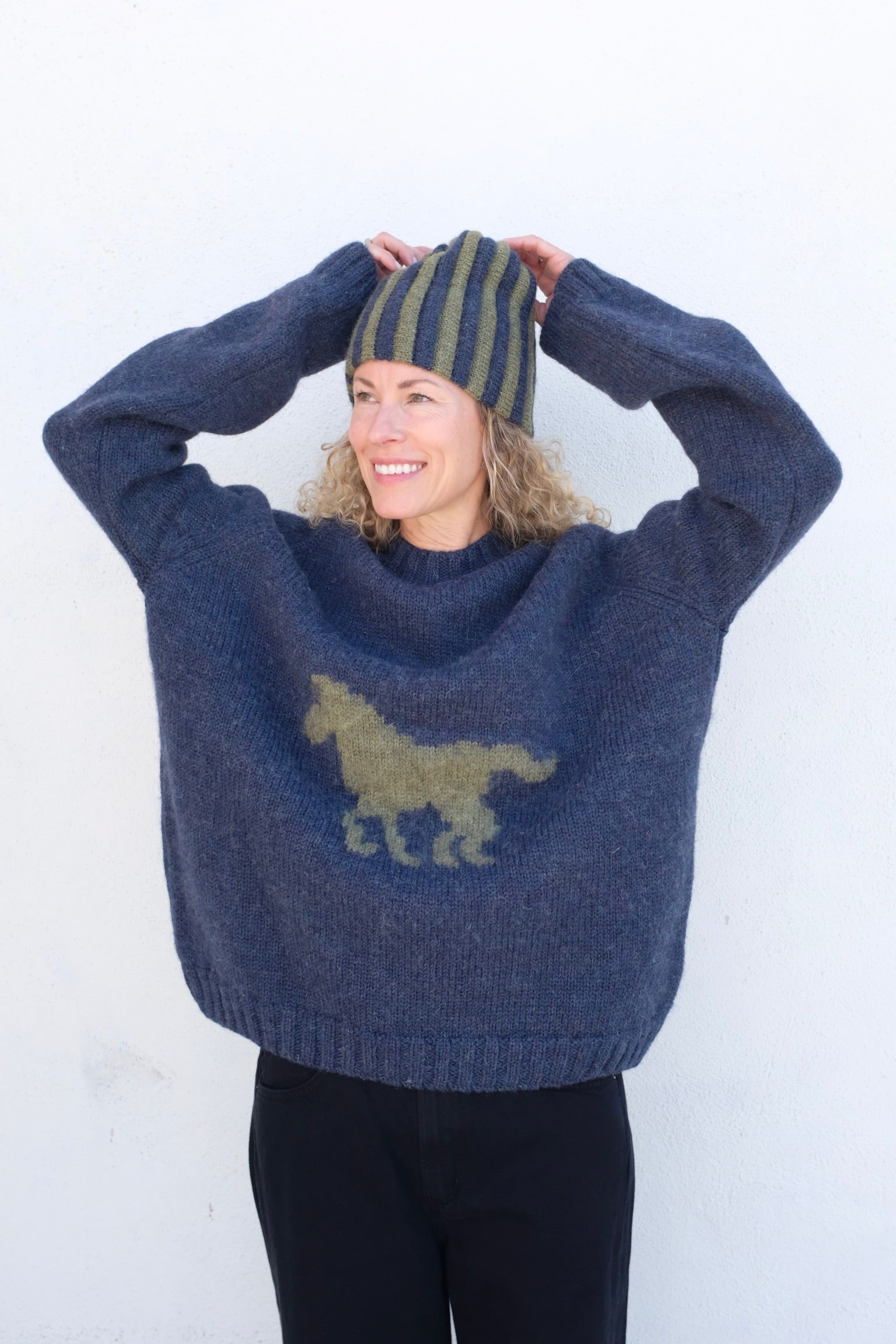 Brushed British Wool Horse Jumper / Denim + Apple