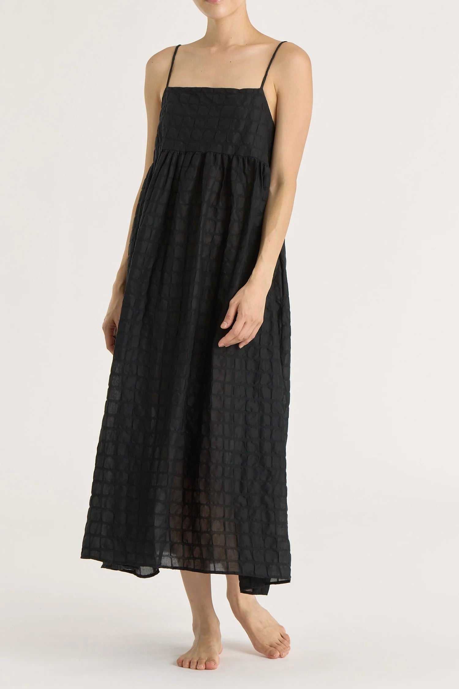 Black Crane Ripple Strap Dress/ Black