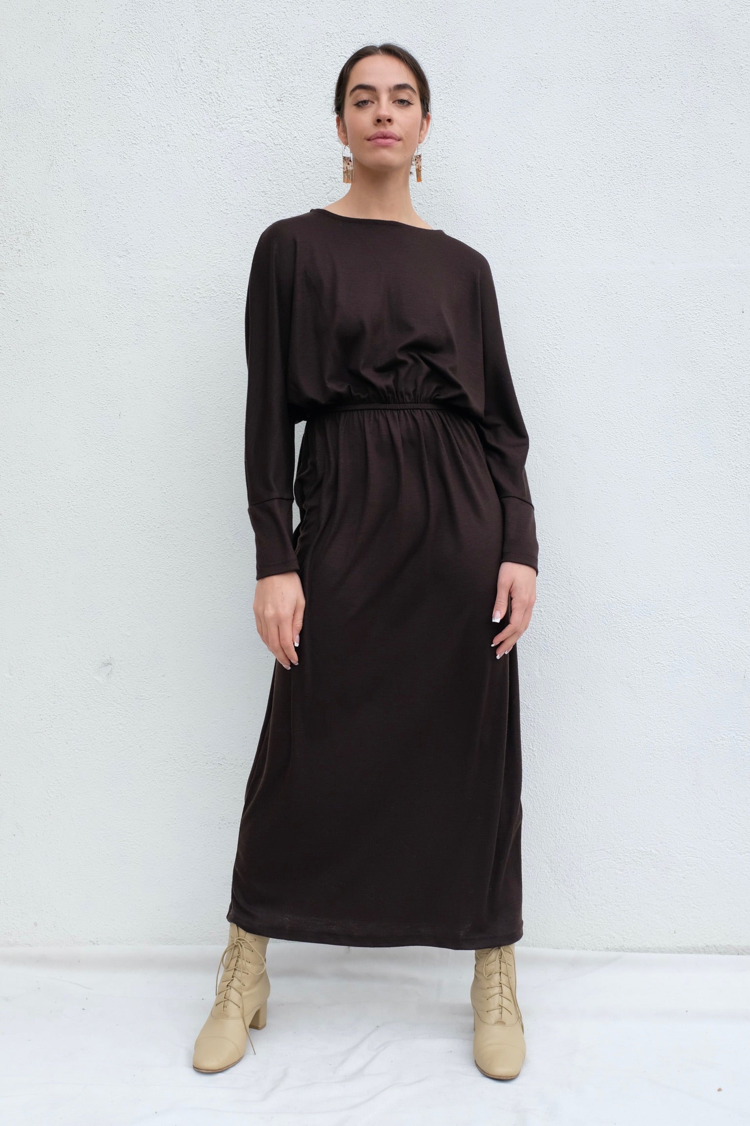 Black Crane Wool Dress / Cacao