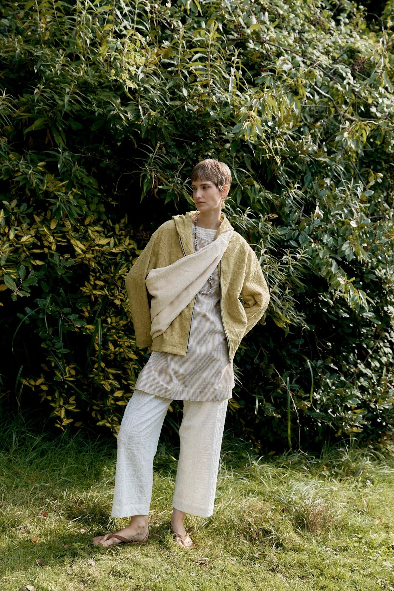 Cawley Japanese Cotton Jacquard Zip Up Hoody / Celery