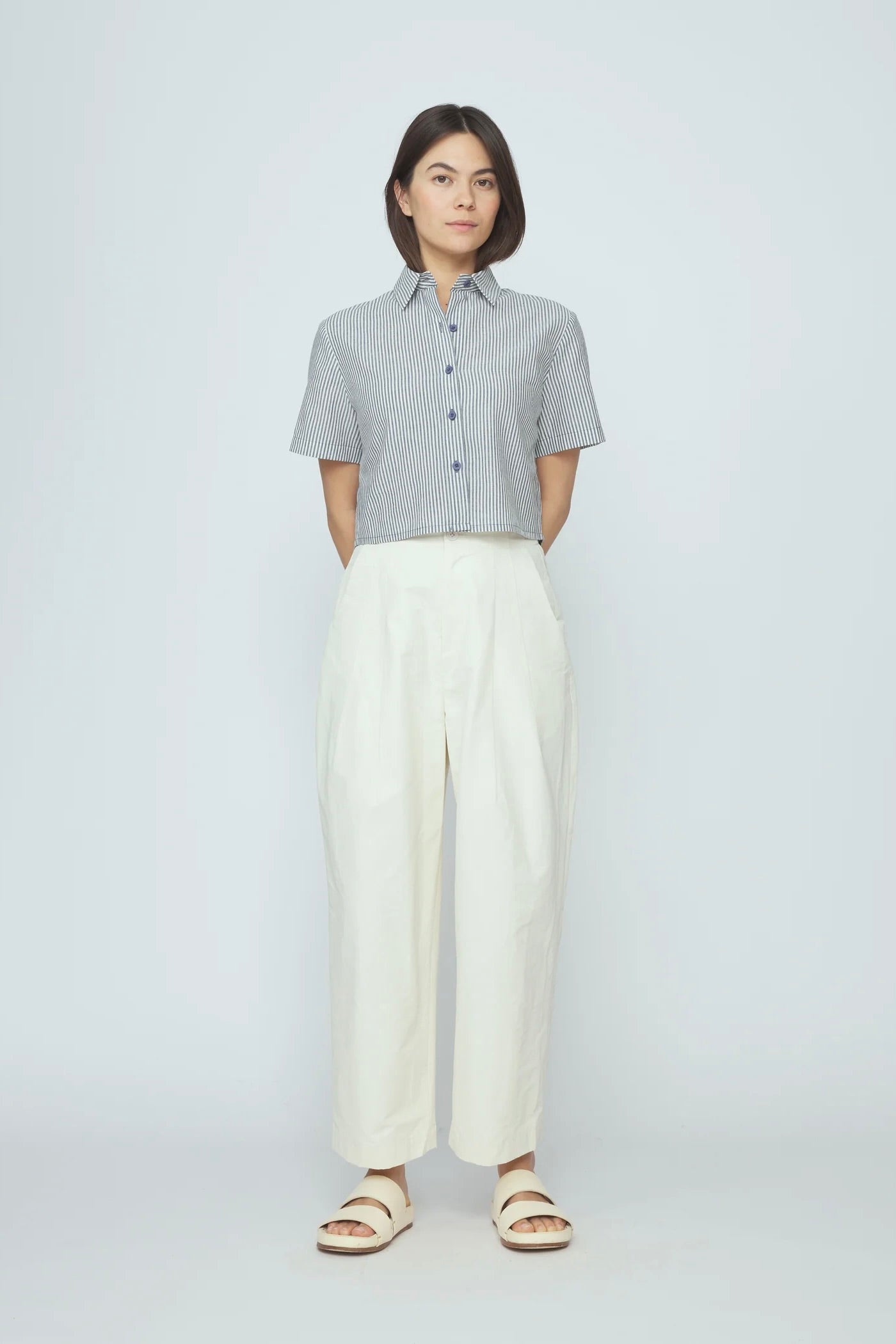 7115 by Szeki Striped Cropped Shirt / Navy