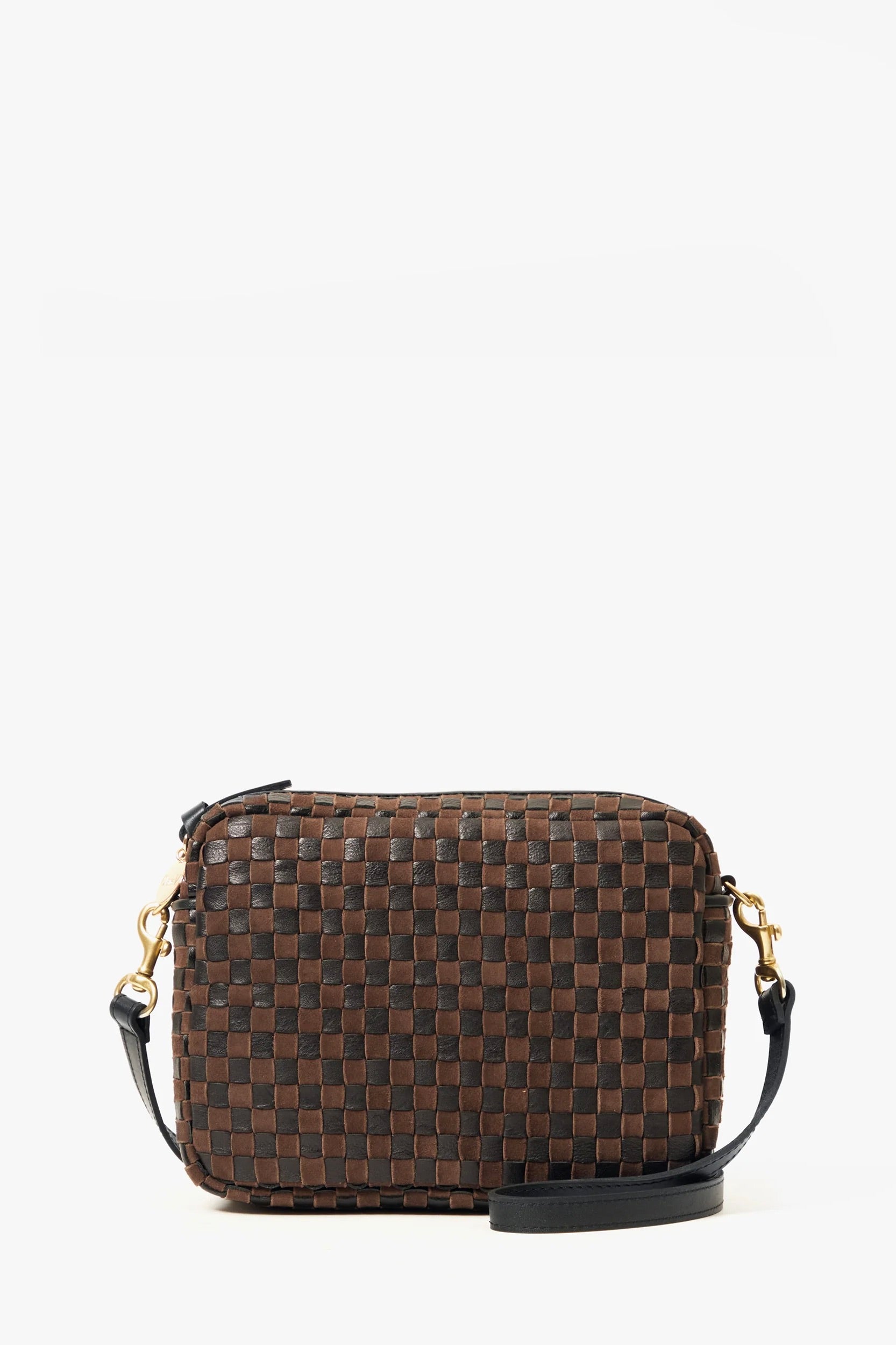 Clare V. Midi Sac / Black & Chocolate Leather & Suede Woven Checker