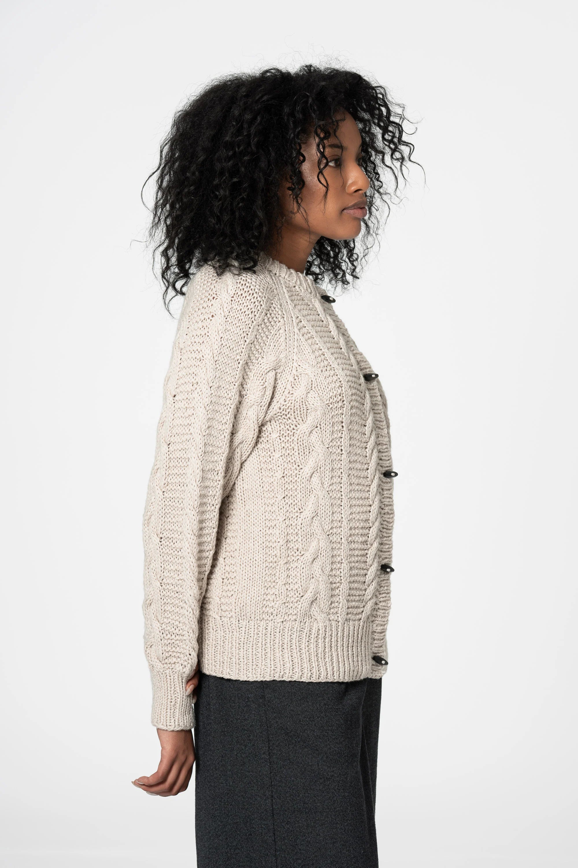 Dinadi Merino Handknit Cable Cardigan / Almond White