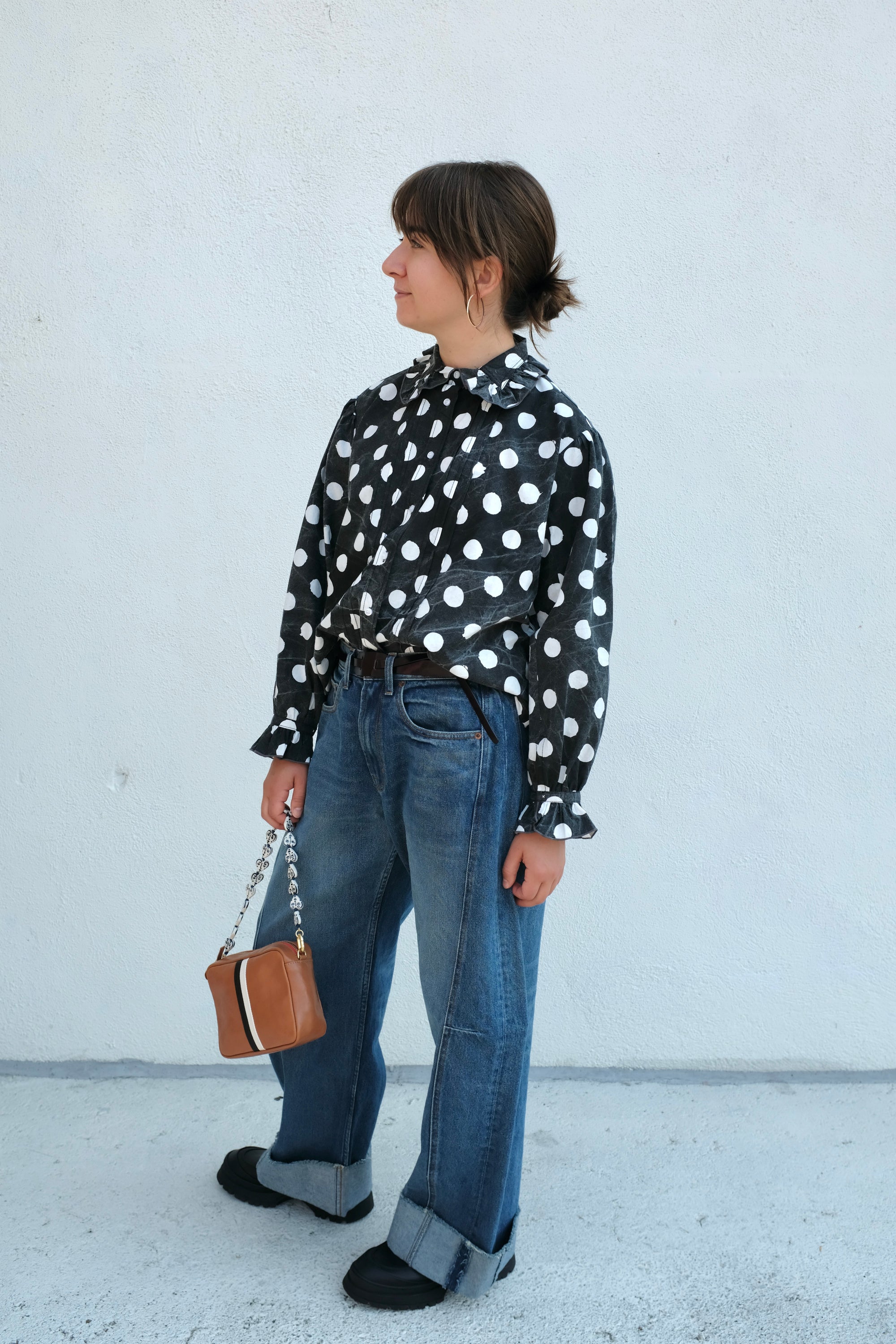La Fetiche Jane Irregular Spot Printed Cotton Blouse / Washed Black & White