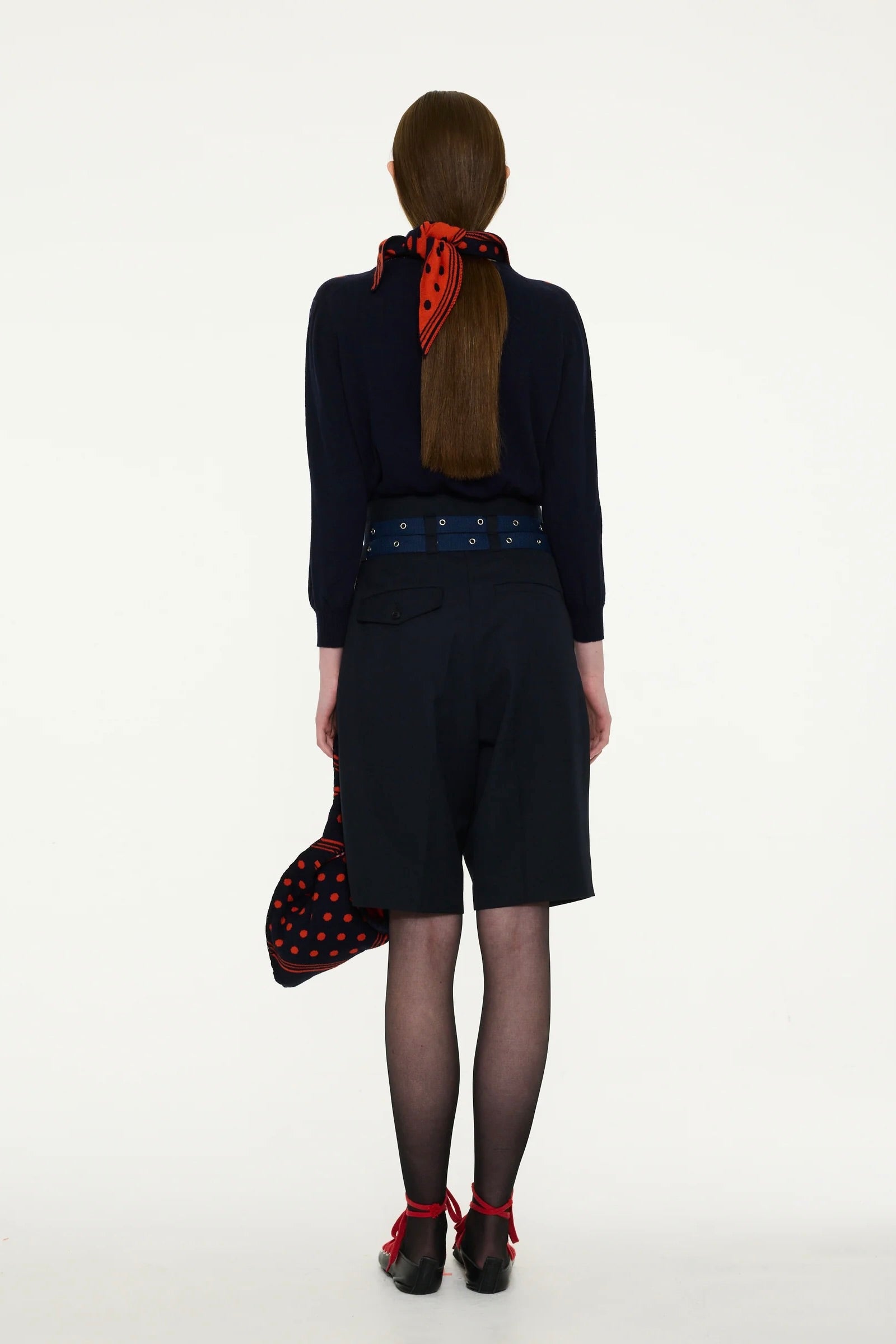 La Fetiche Liva Knitted Reversible Scarf / Navy + Red Polka Dot