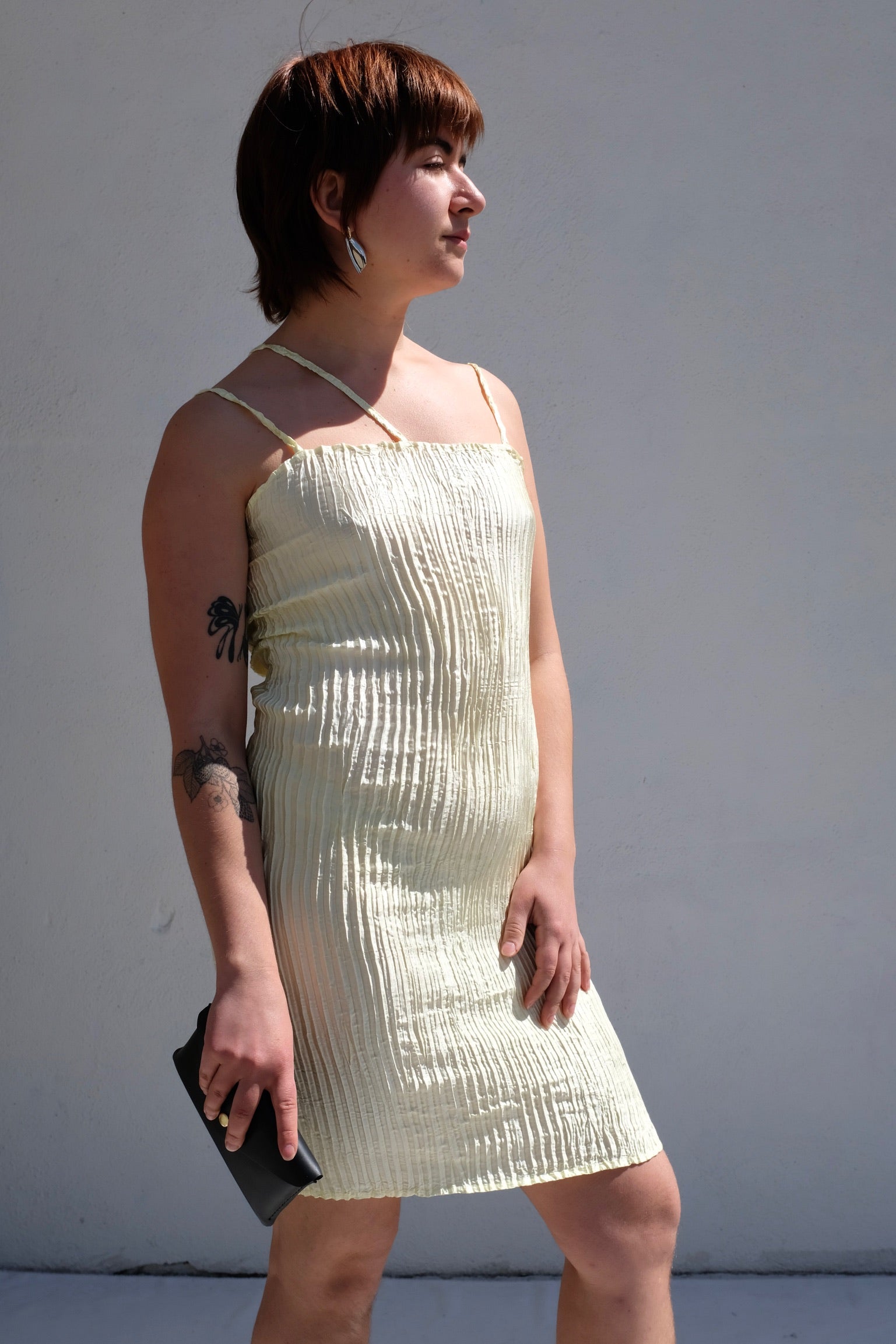 Azur Straps Short Dress Pleated Silk / Reseda