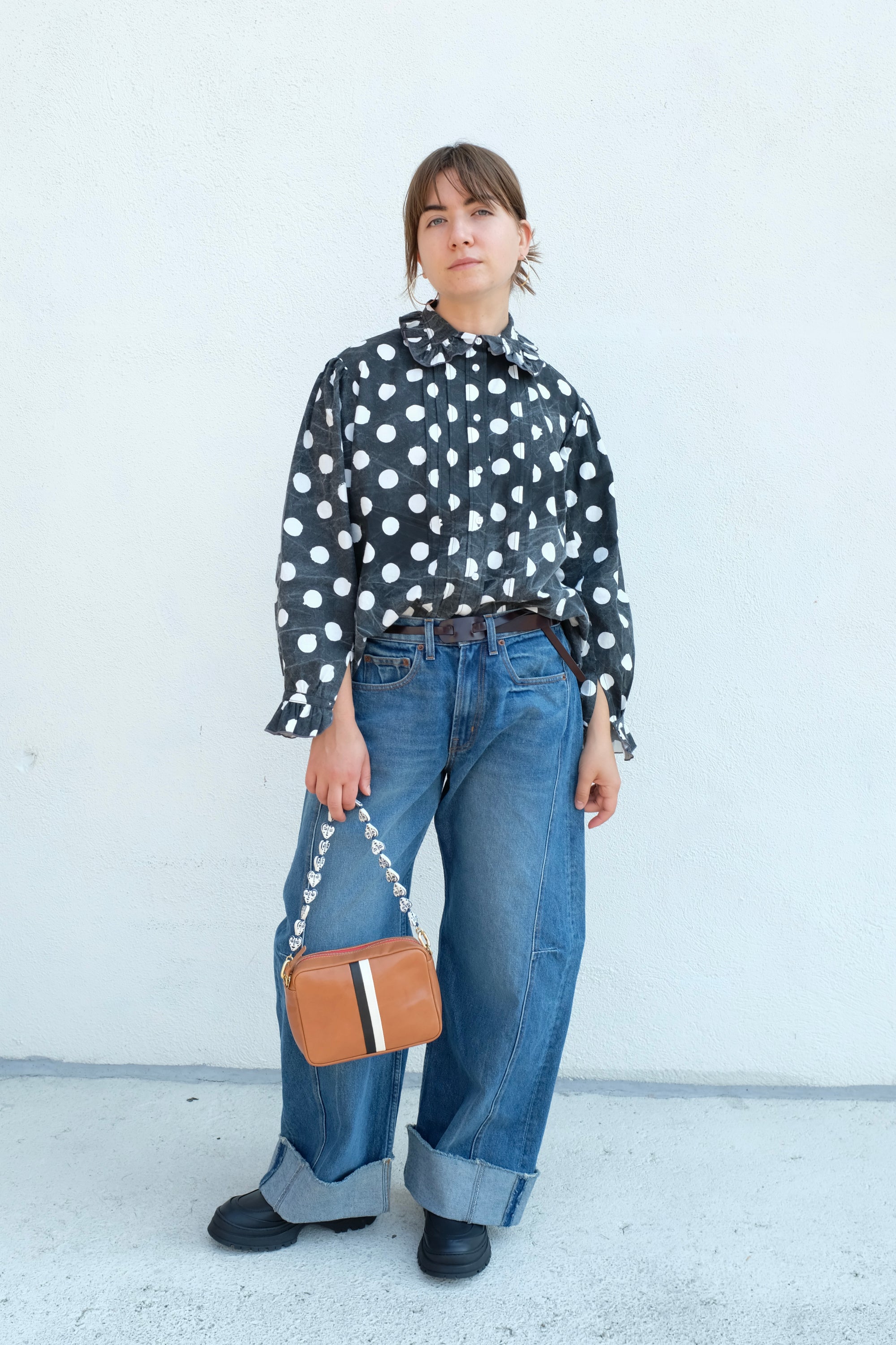 La Fetiche Jane Irregular Spot Printed Cotton Blouse / Washed Black & White