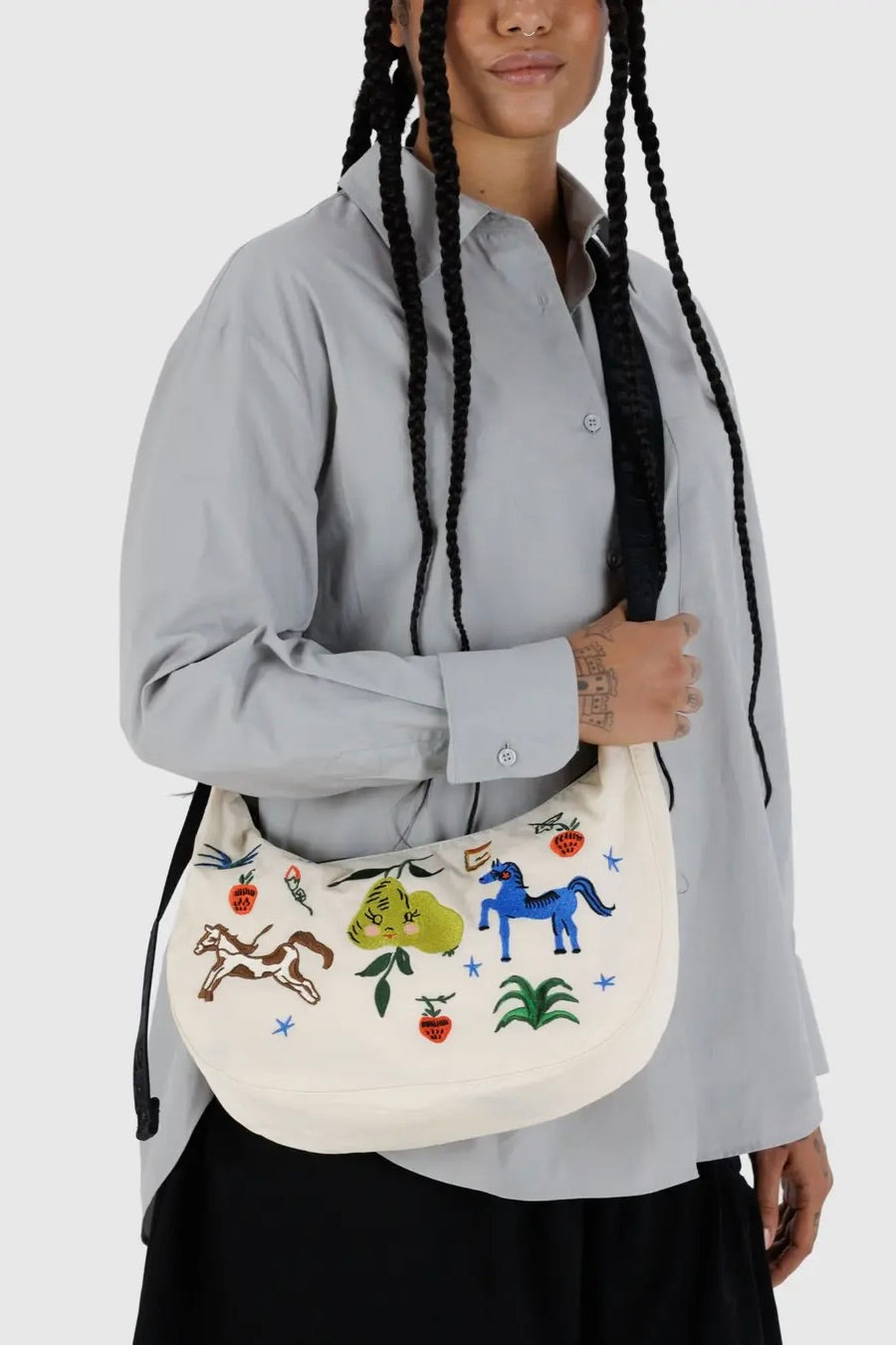 Medium Nylon Crescent Bag / Embroidered Painted Prairie