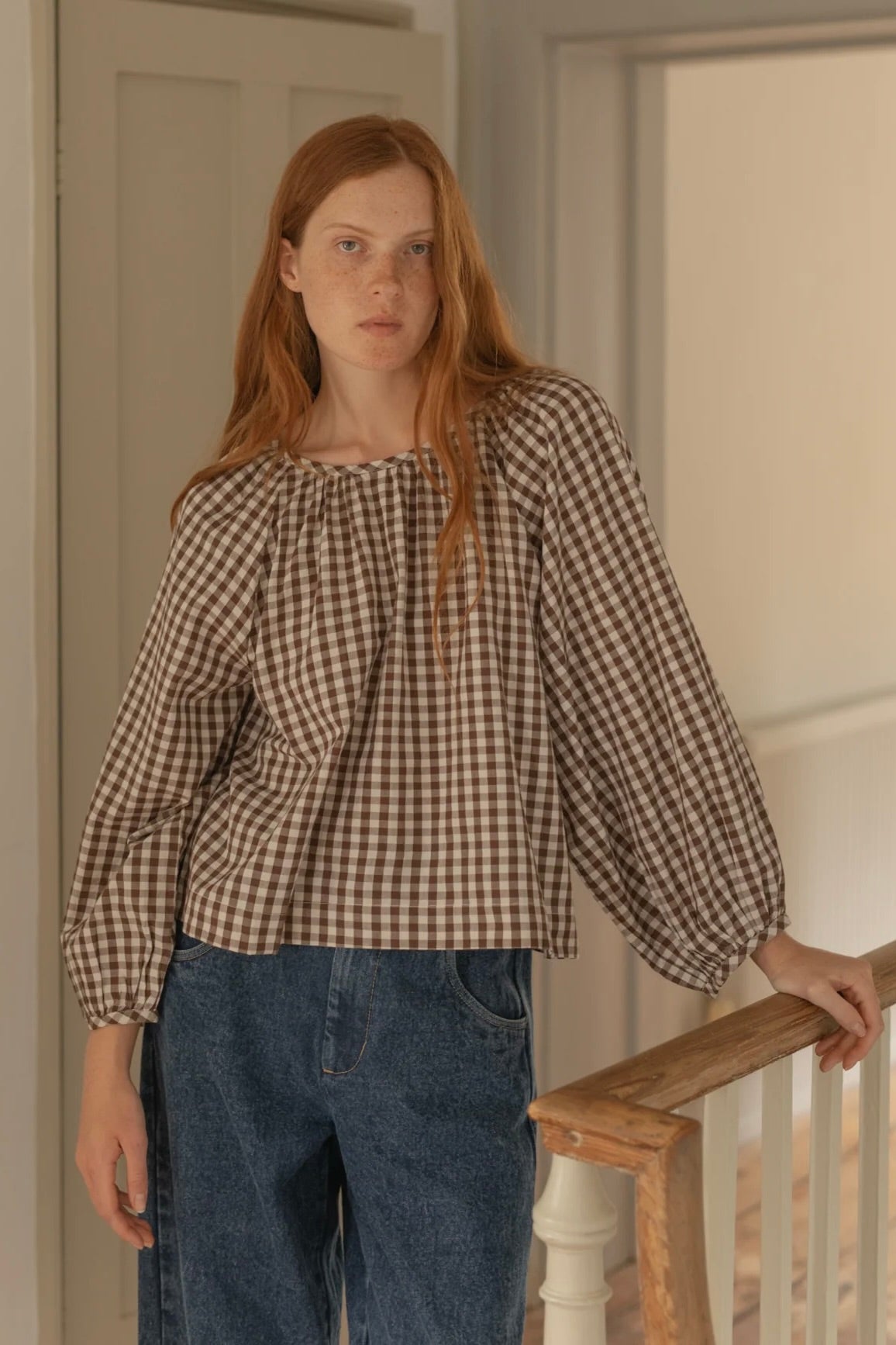 Simone Long Sleeve Blouse / Brown Gingham