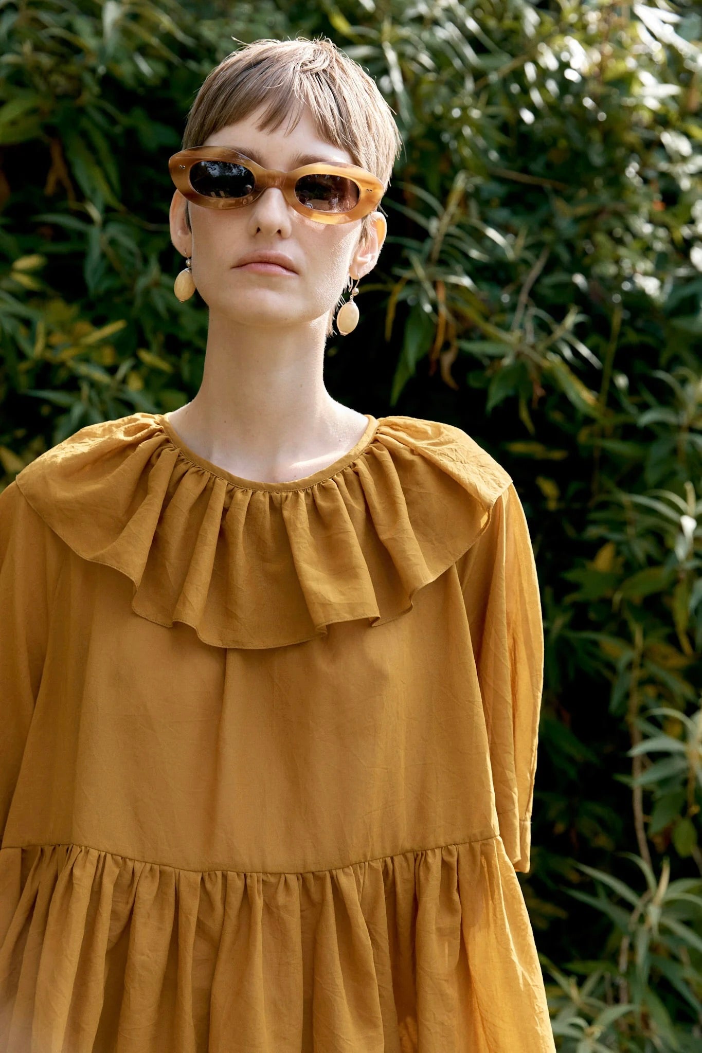 Cawley Japanese Cotton Dyed Delilah Frill Top / Mustard