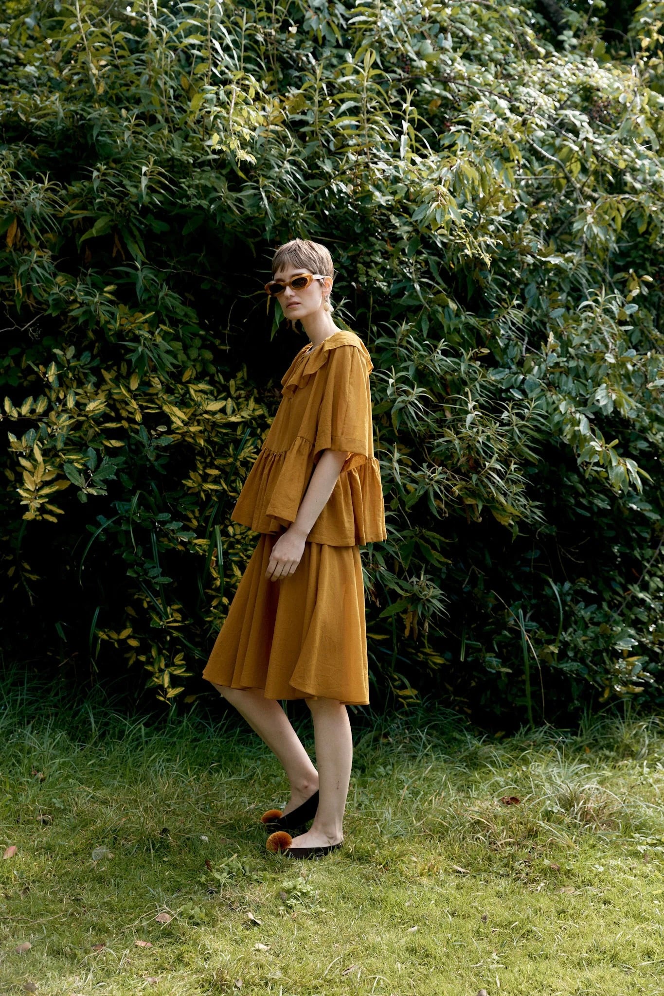 Cawley Japanese Cotton Dyed Delilah Frill Top / Mustard