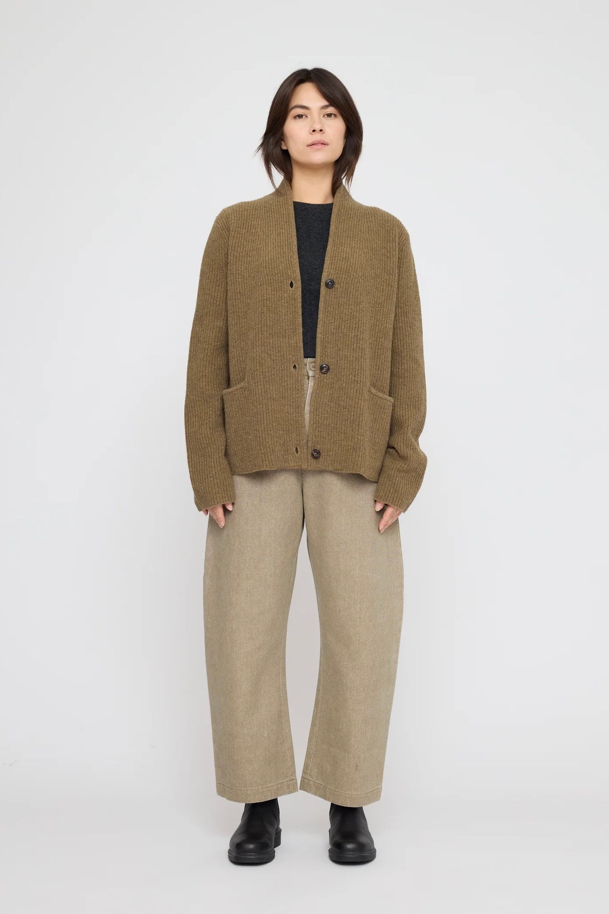 7115 by Szeki Pocket Ribbed Cardigan / Toffee