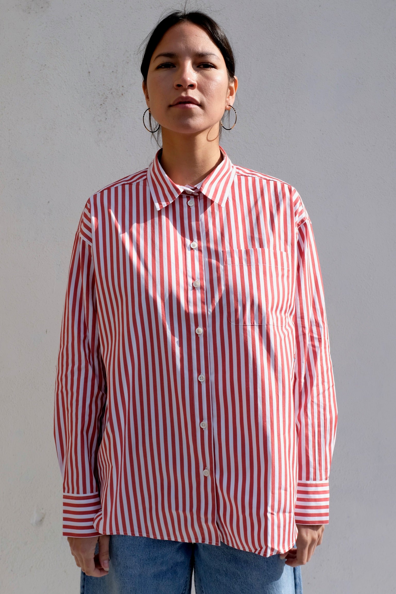 Clare V Emiliette Oversized Shirt / Red + Cream Stripe