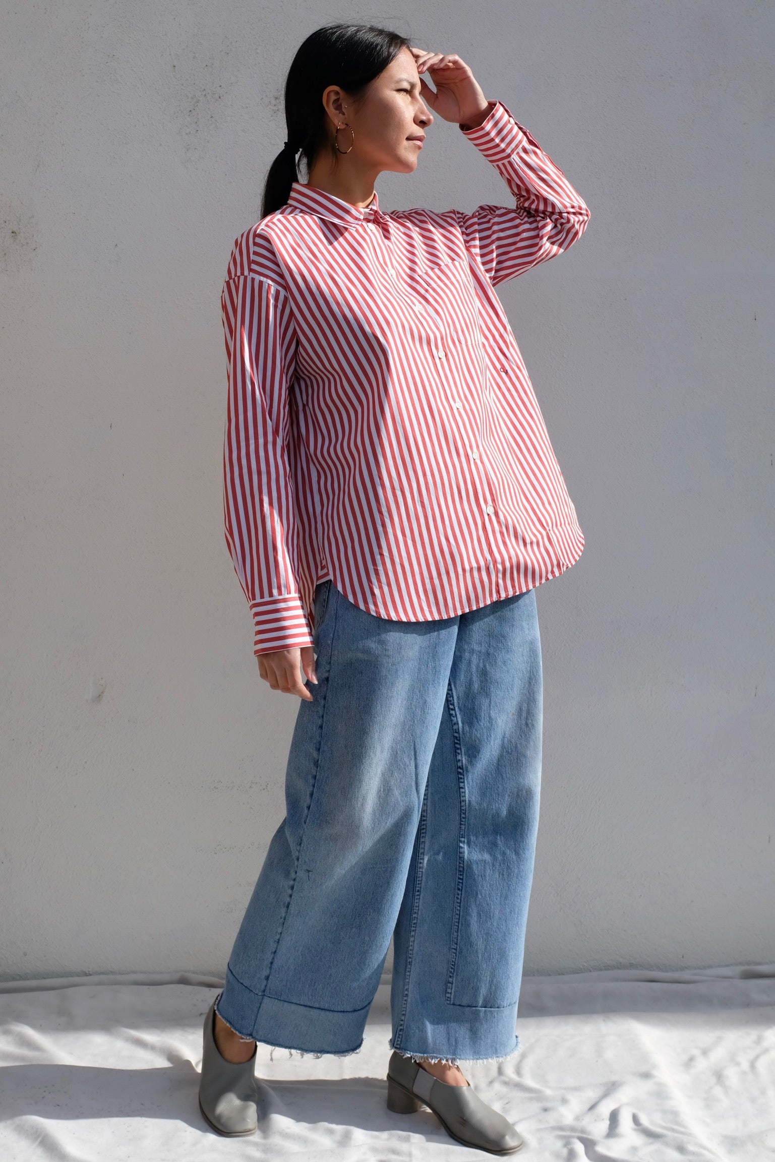 Clare V Emiliette Oversized Shirt / Red + Cream Stripe