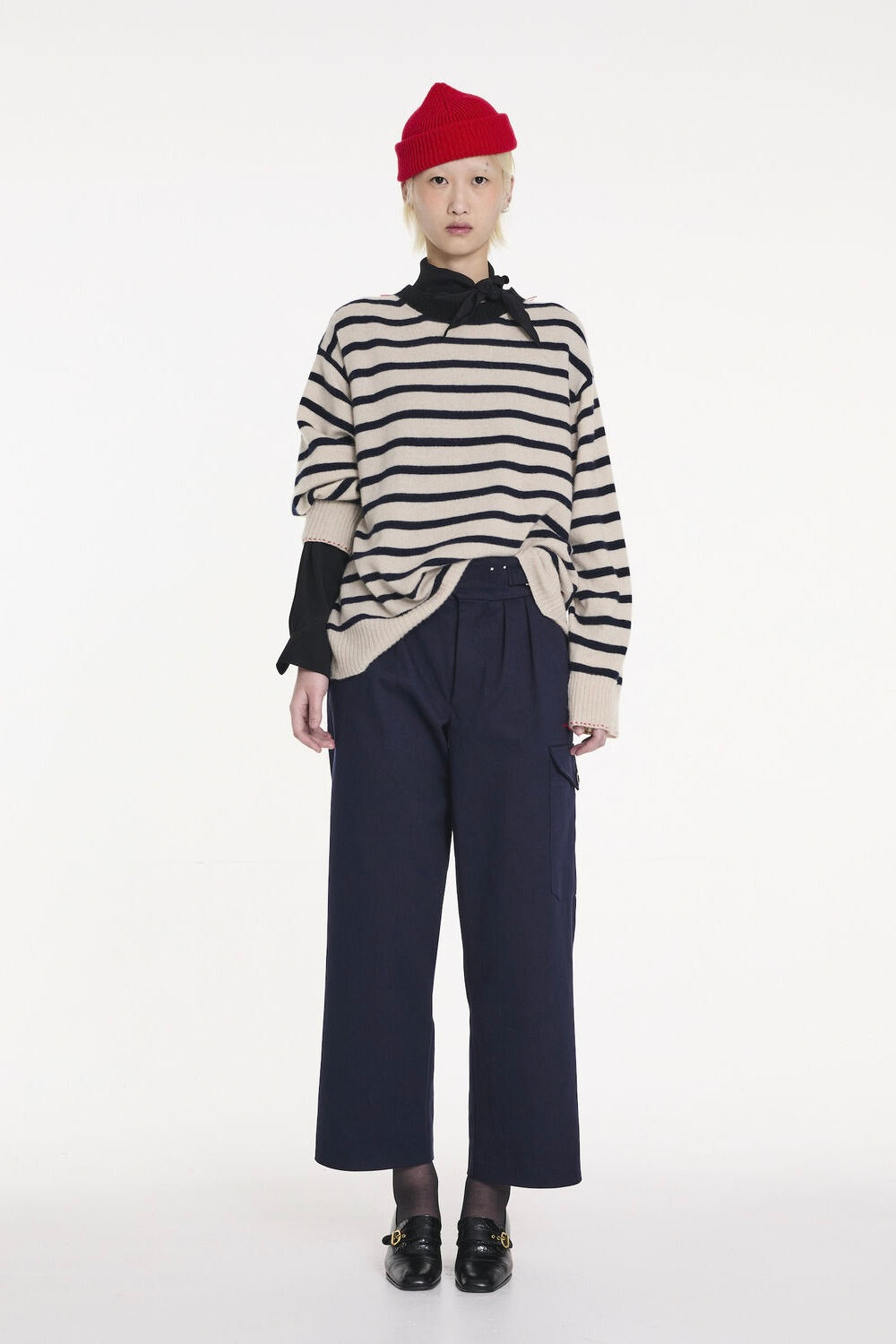 La Fetiche Olga Striped Crewneck Sweater / Oatmeal Navy Black