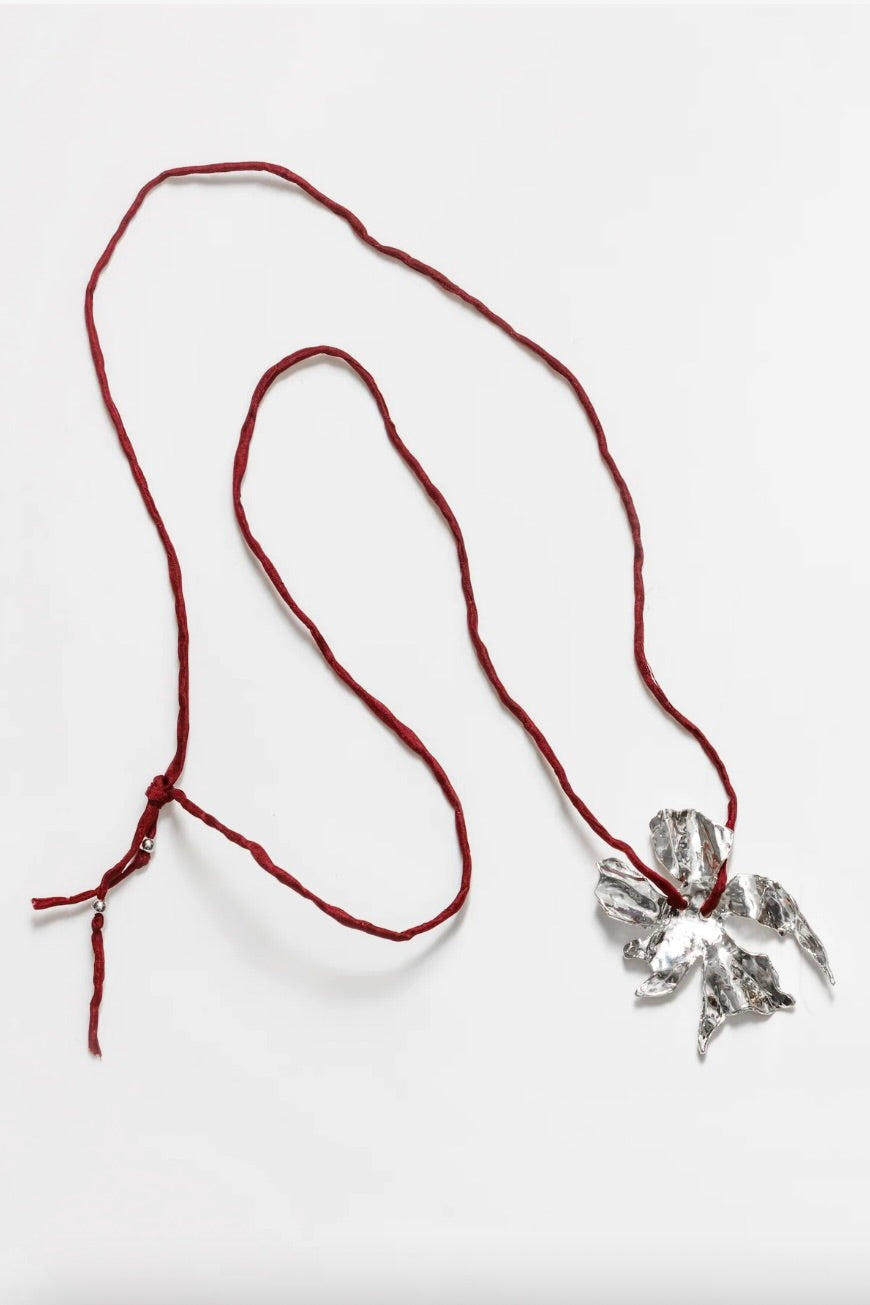 Wolf Circus Flower Cord Necklace / Sterling Silver + Red