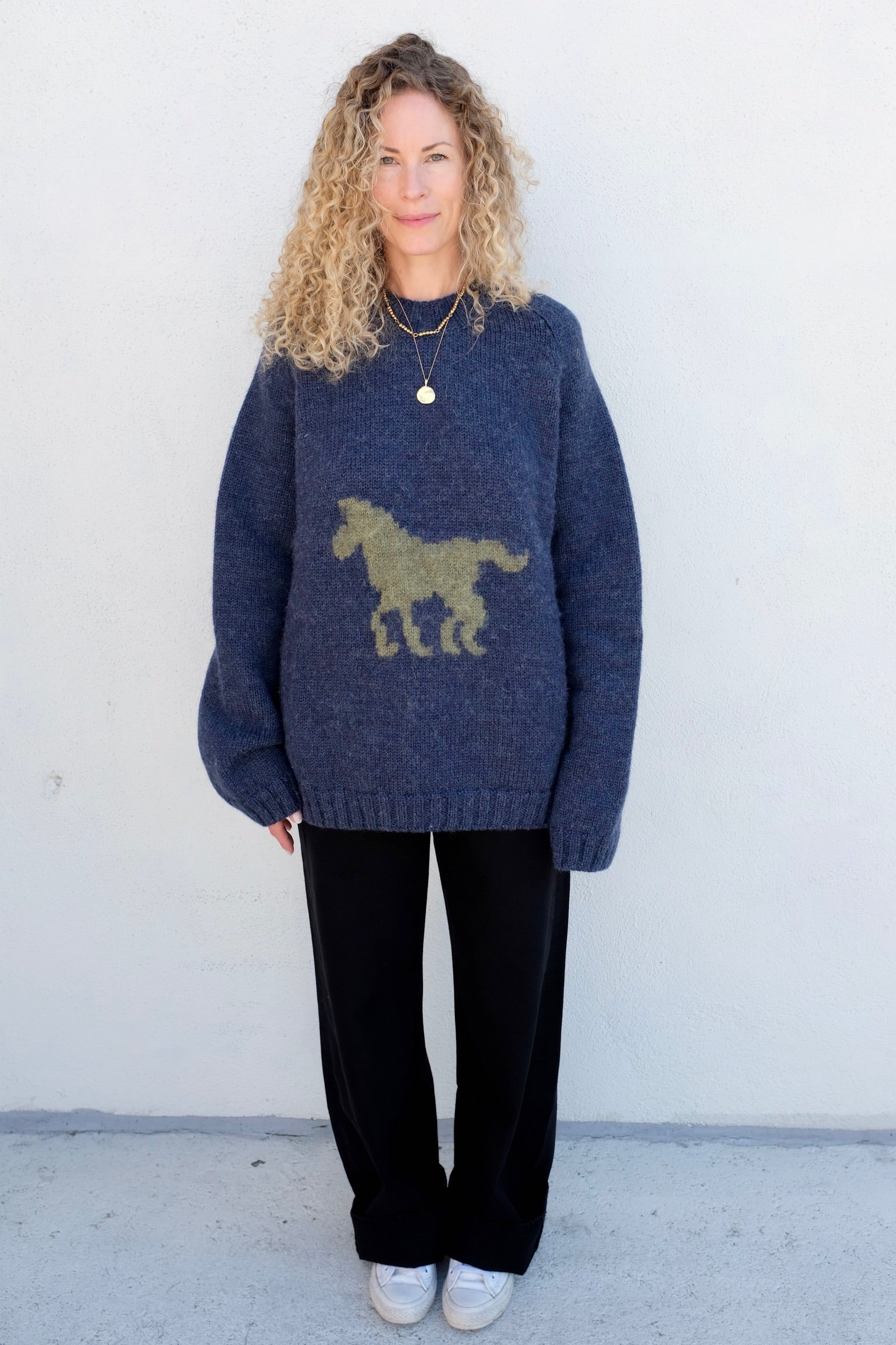 Brushed British Wool Horse Jumper / Denim + Apple