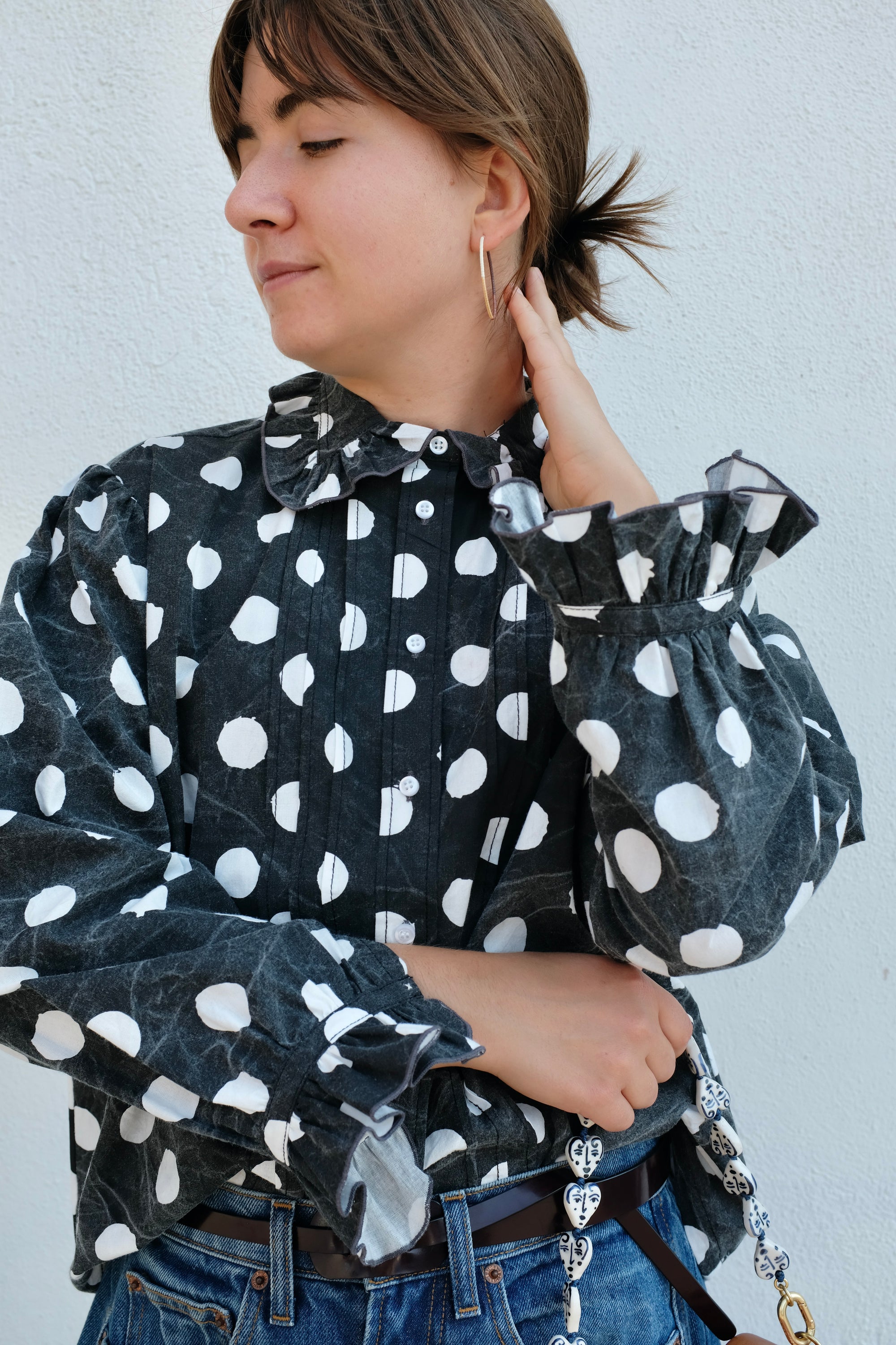 La Fetiche Jane Irregular Spot Printed Cotton Blouse / Washed Black & White