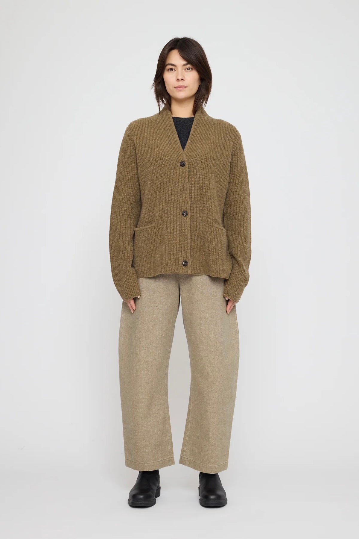7115 by Szeki Pocket Ribbed Cardigan / Toffee