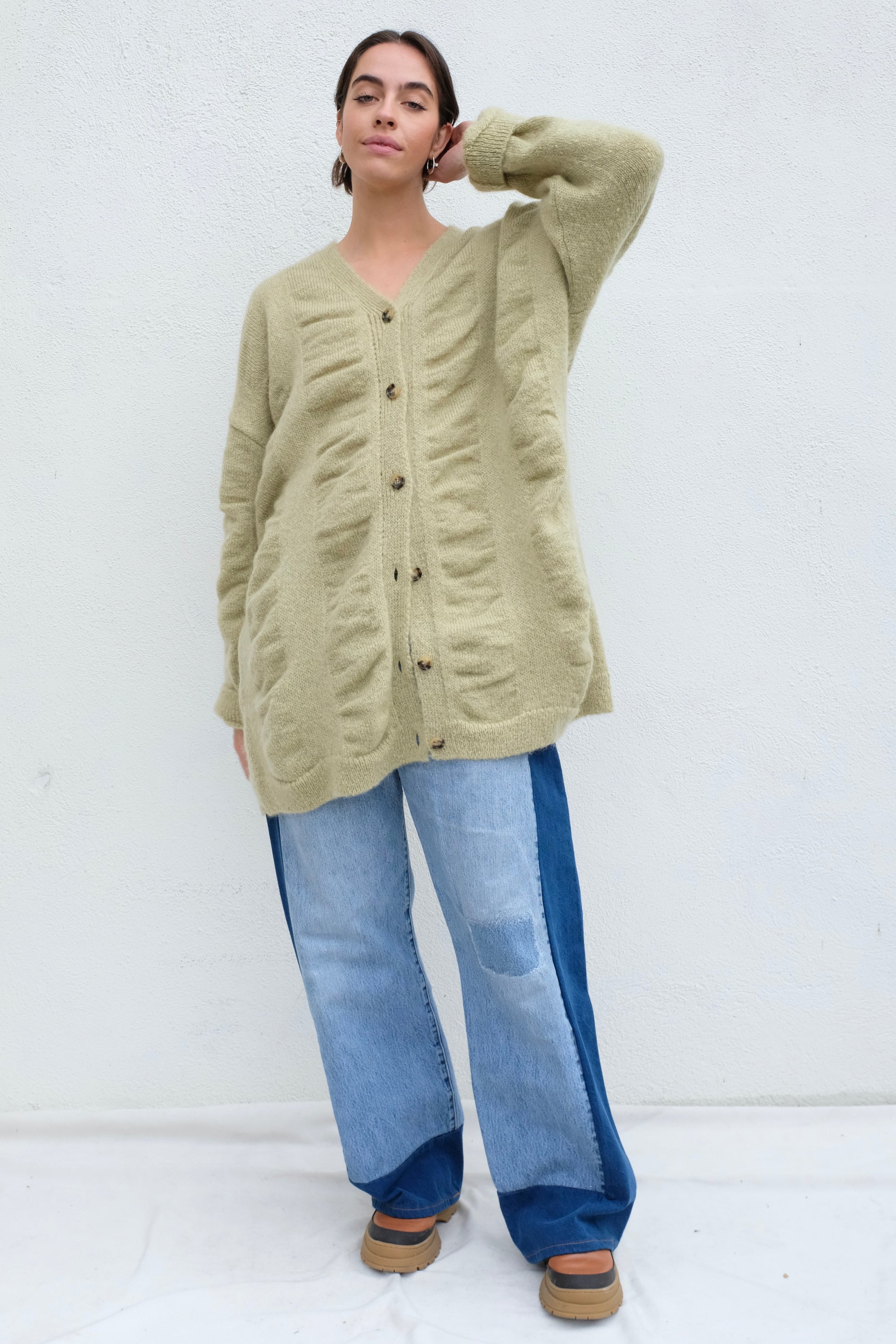 Black Crane Waterfall Cardigan / Lime