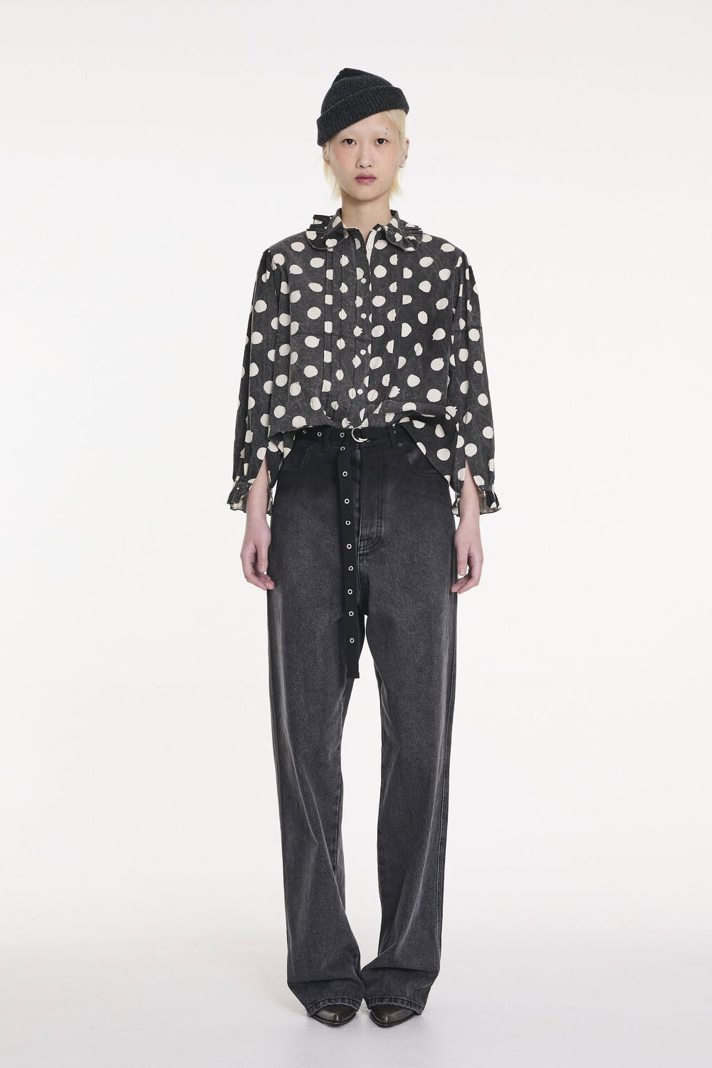 La Fetiche Jane Irregular Spot Printed Cotton Blouse / Washed Black & White