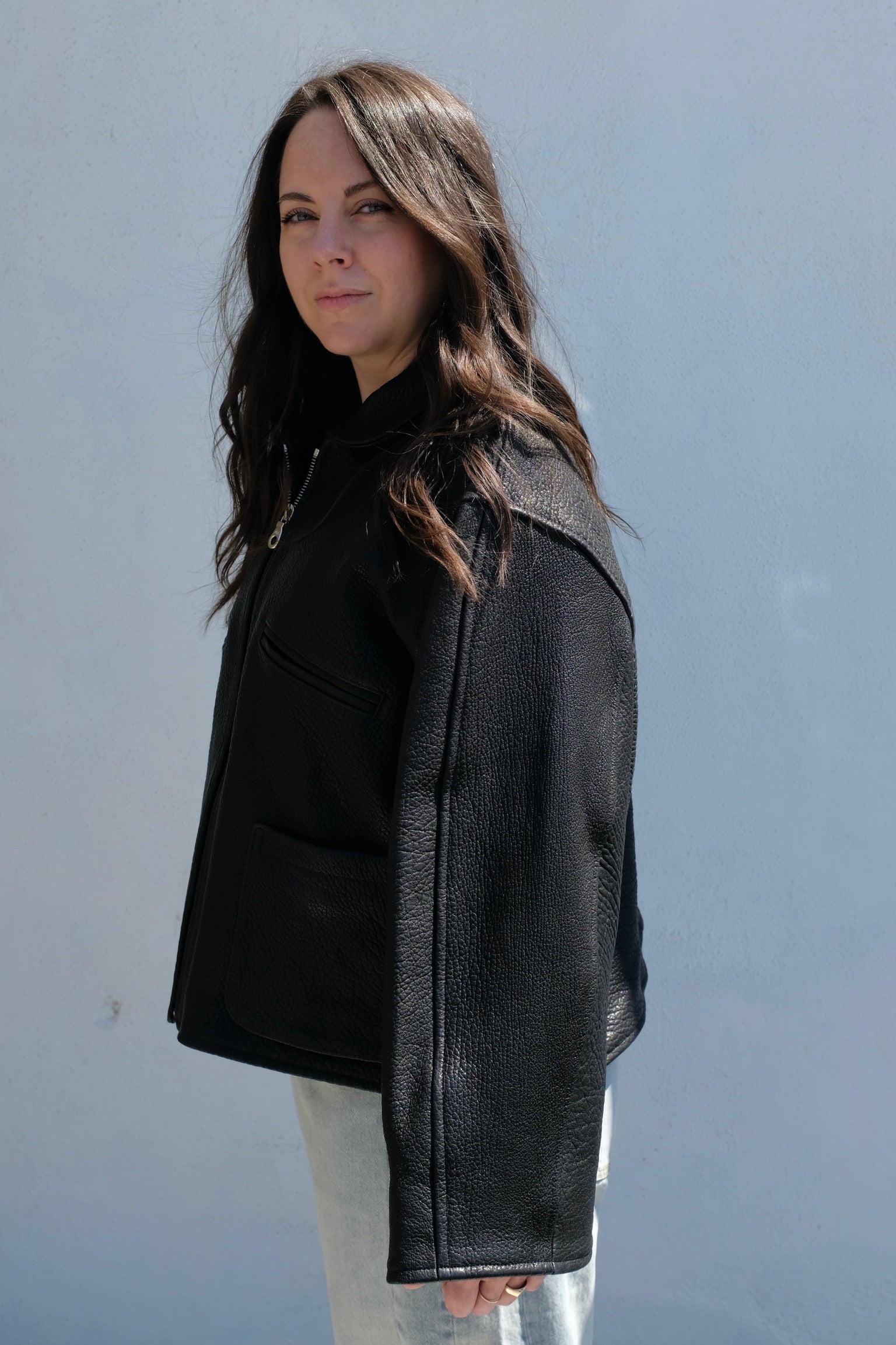 Cawley Stretch Wrinkle Leather Flying Jacket / Liquorice