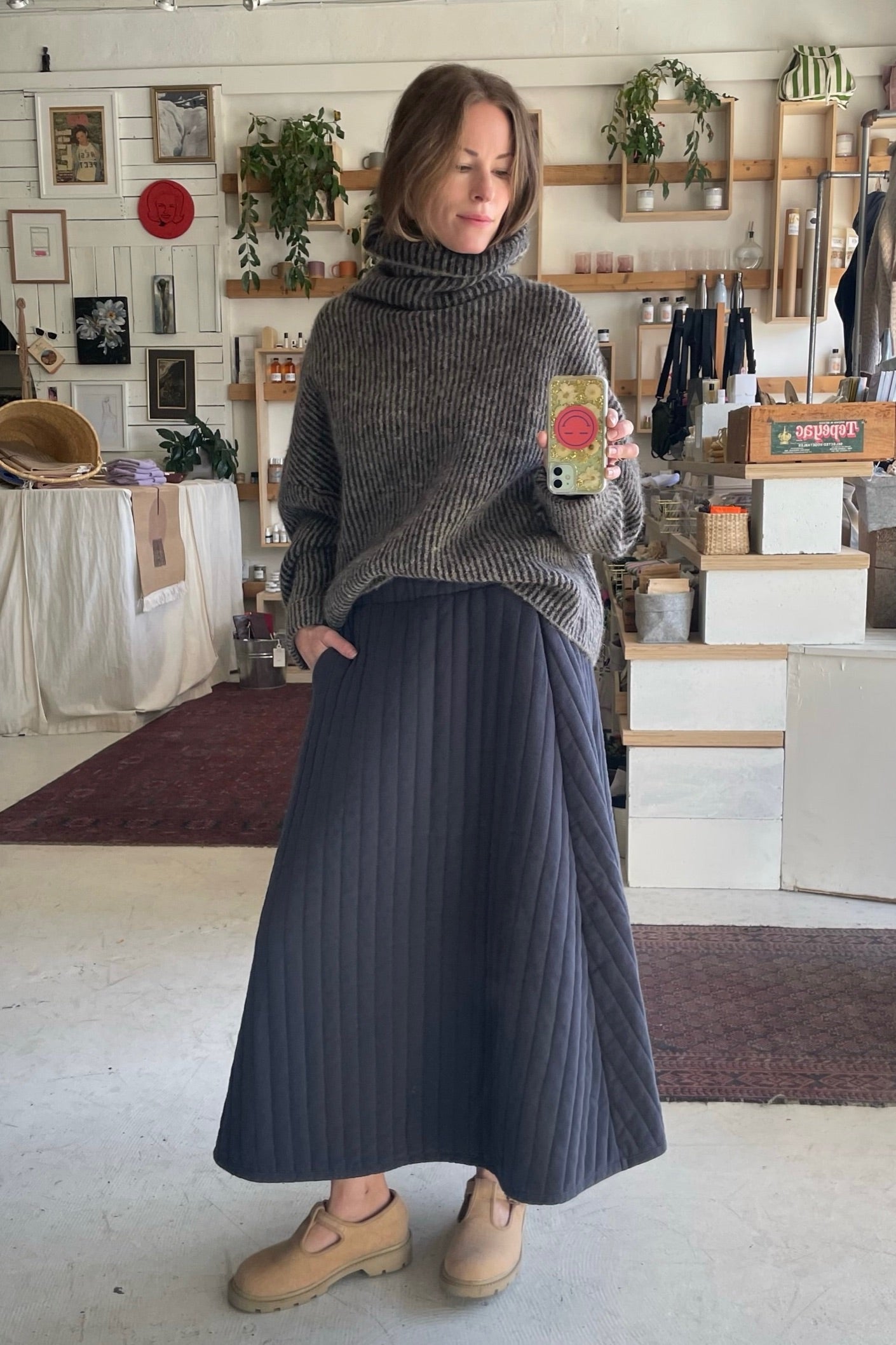 Black Crane Quilted Skirt / Dark Navy