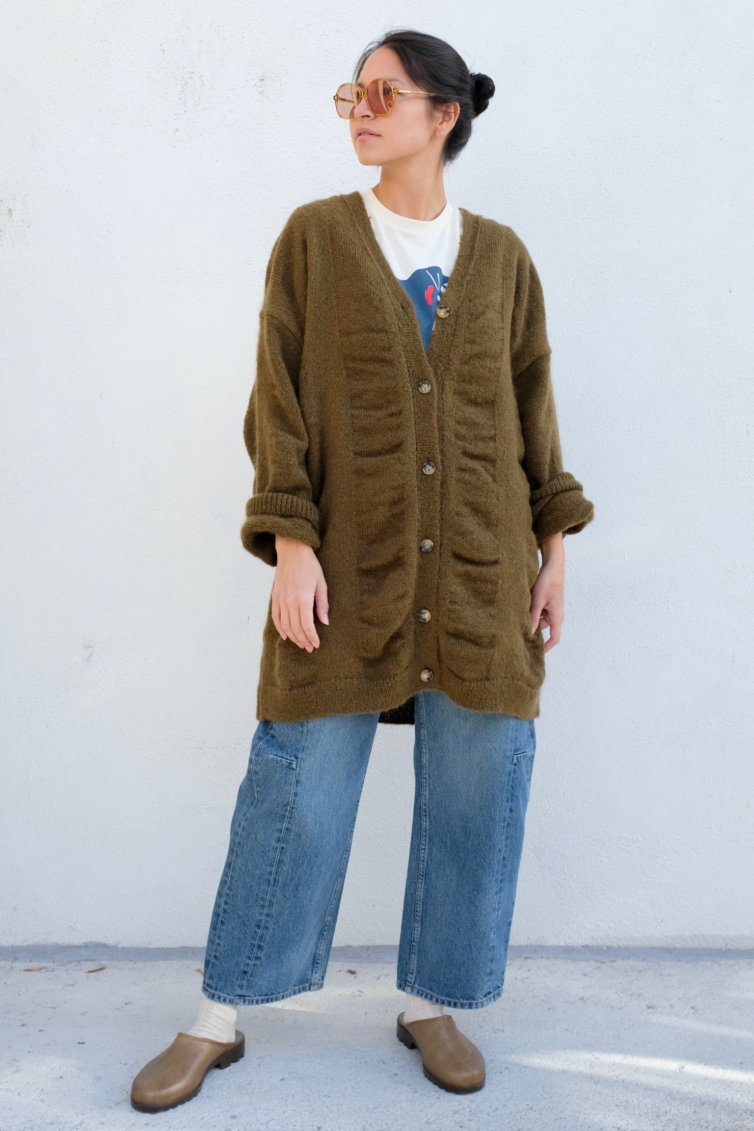 Black Crane Waterfall Cardigan / Dark Olive