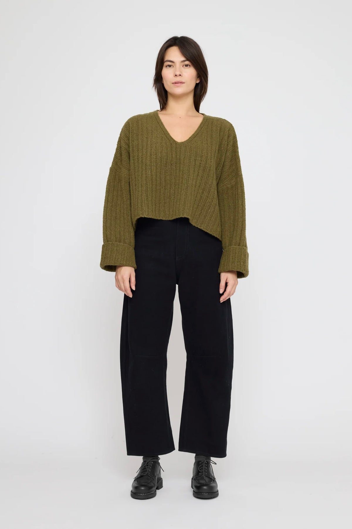7115 by Szeki Oversized V-Neck Sweater / Kelp Green