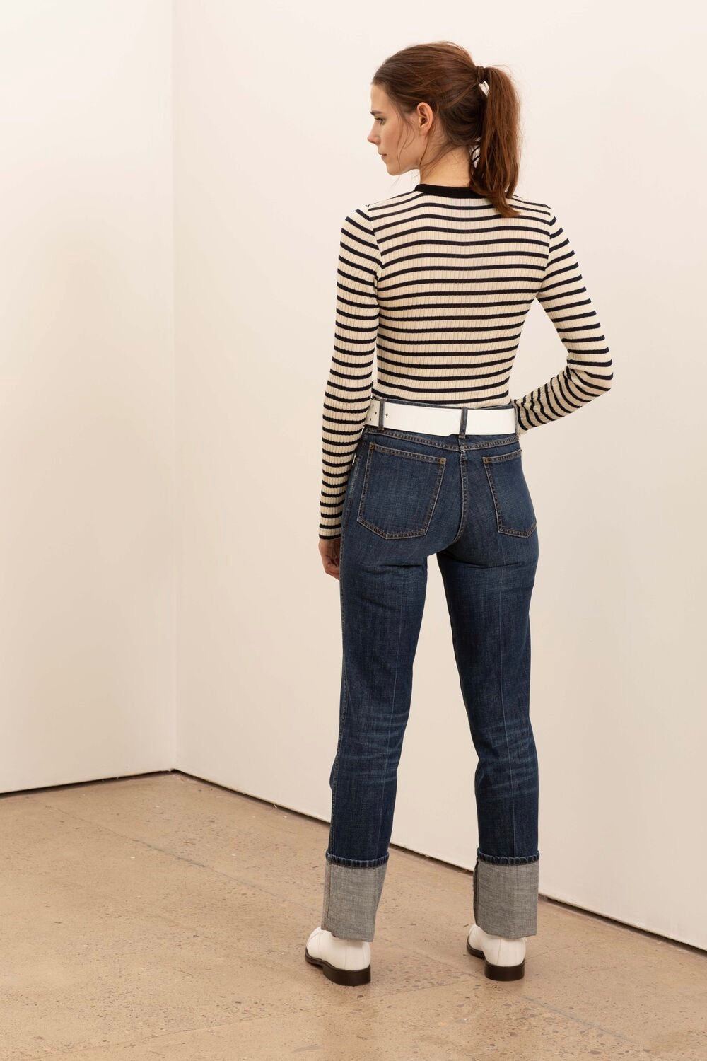 La Fetiche Jackie Raye Fine Ribbed Top / Ecru + Navy