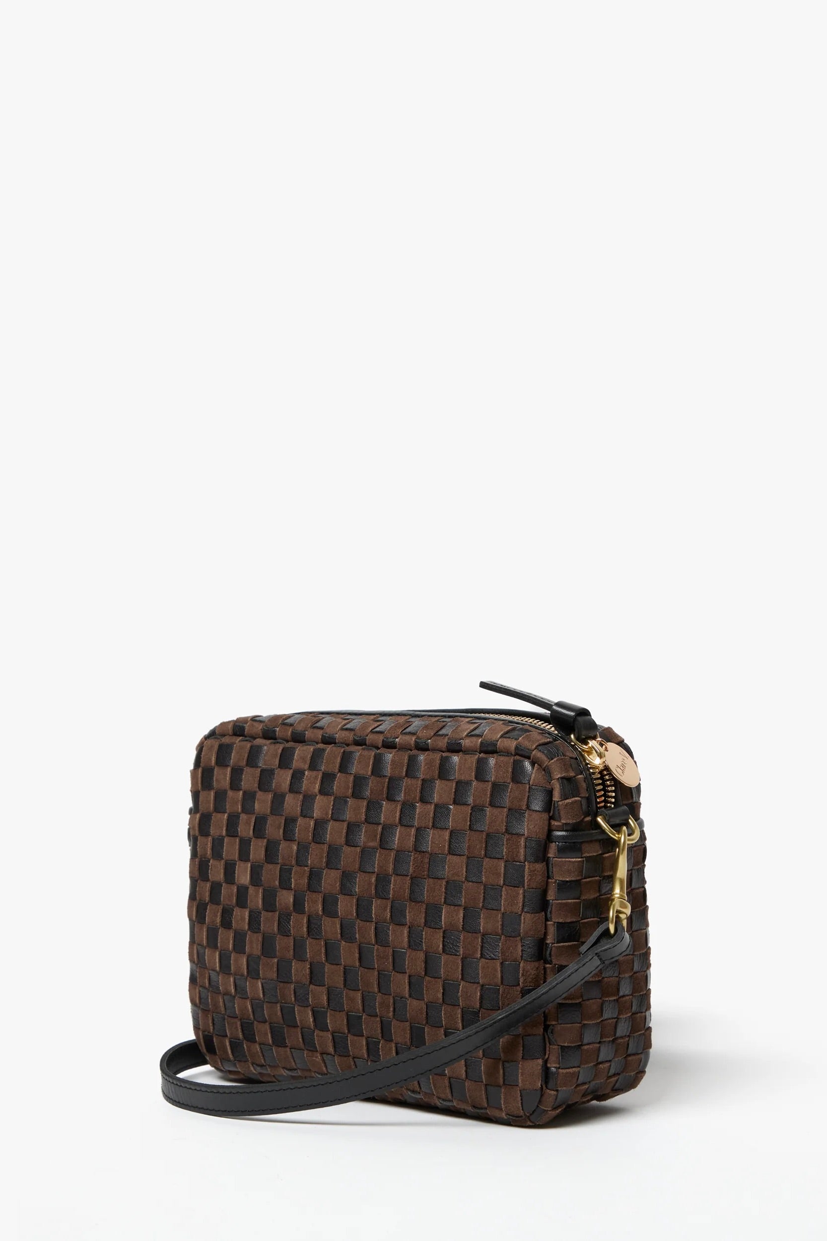 Clare V. Midi Sac / Black & Chocolate Leather & Suede Woven Checker