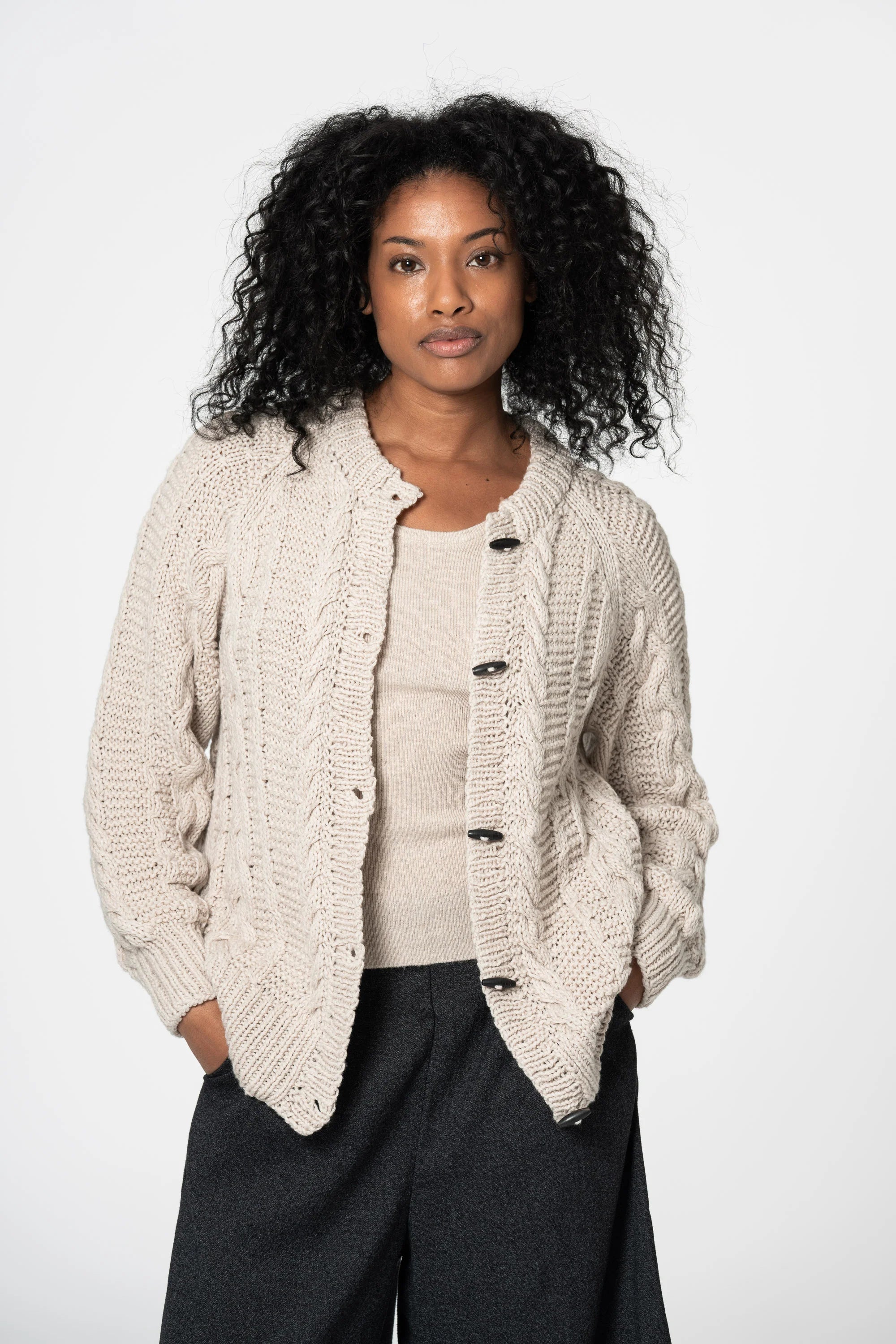 Dinadi Merino Handknit Cable Cardigan / Almond White