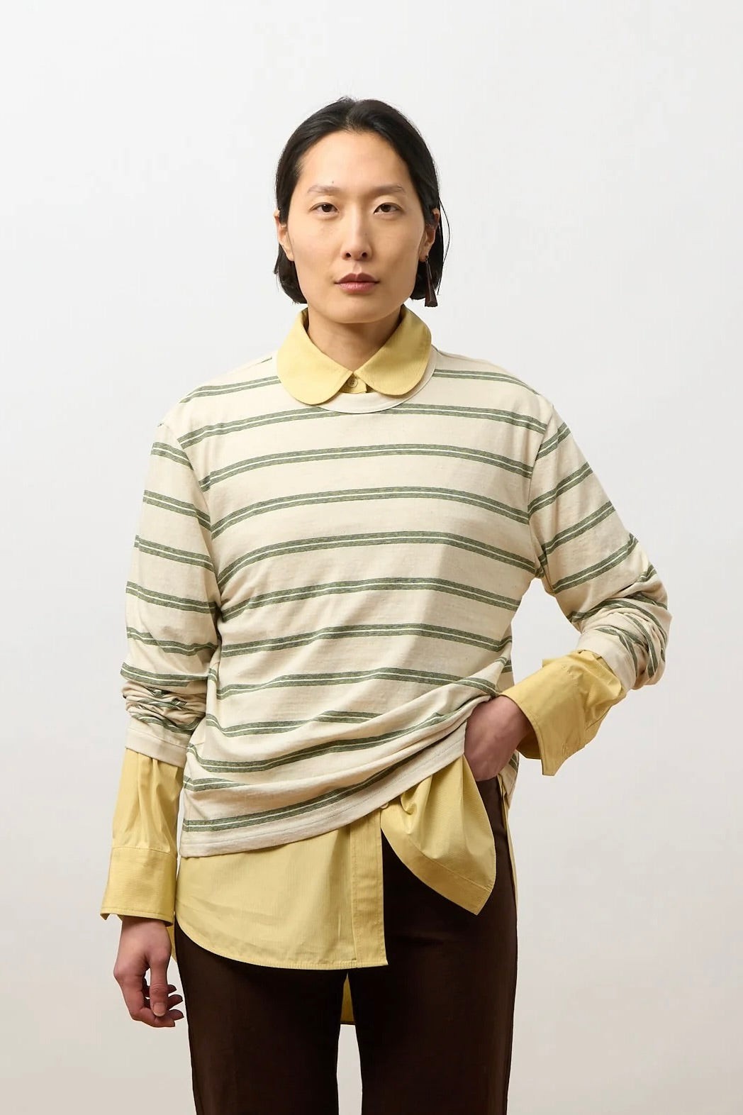 Cawley Japanese Striped Jersey LS T-Shirt / Ecru + Green + Blue Stripe