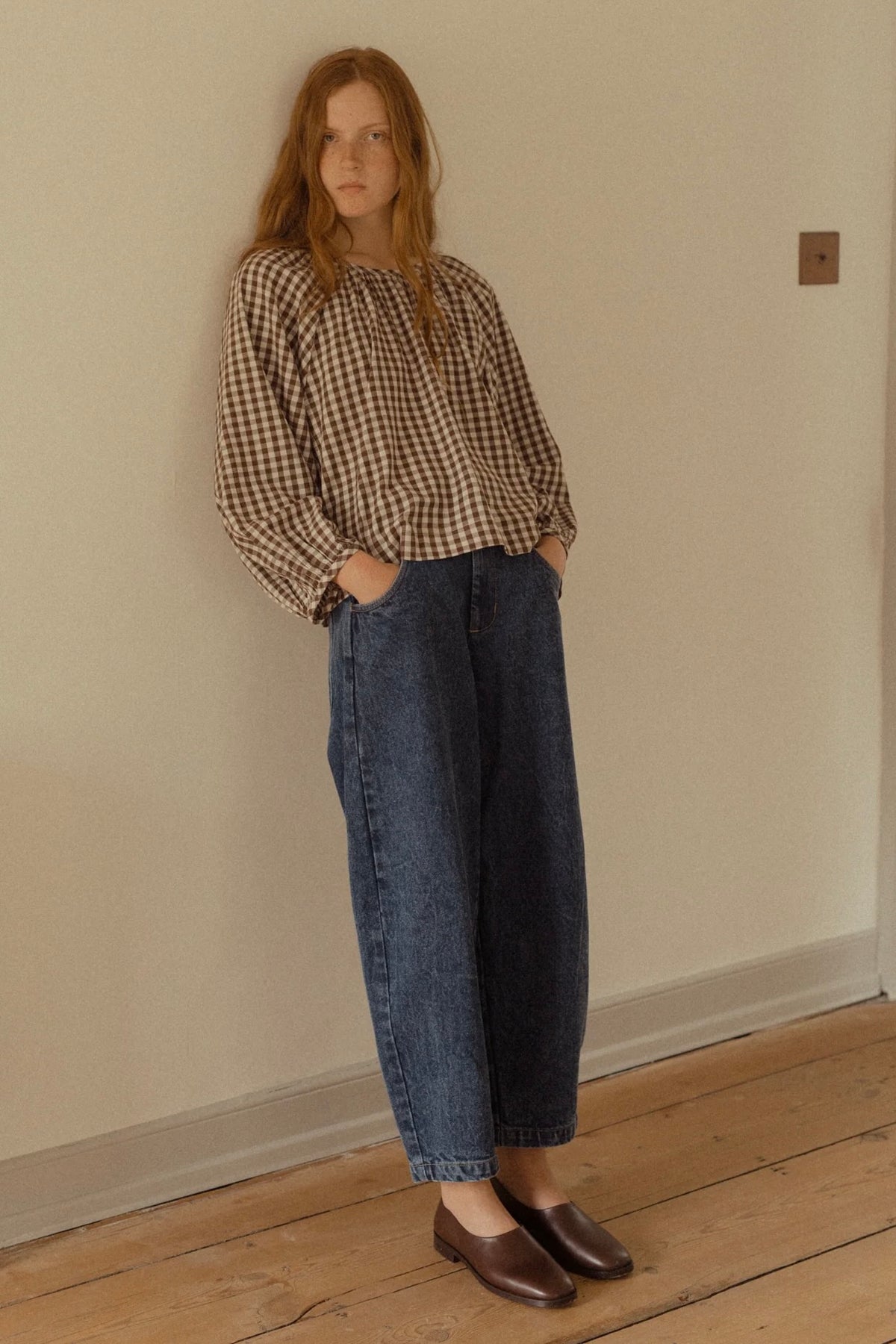 Simone Long Sleeve Blouse / Brown Gingham