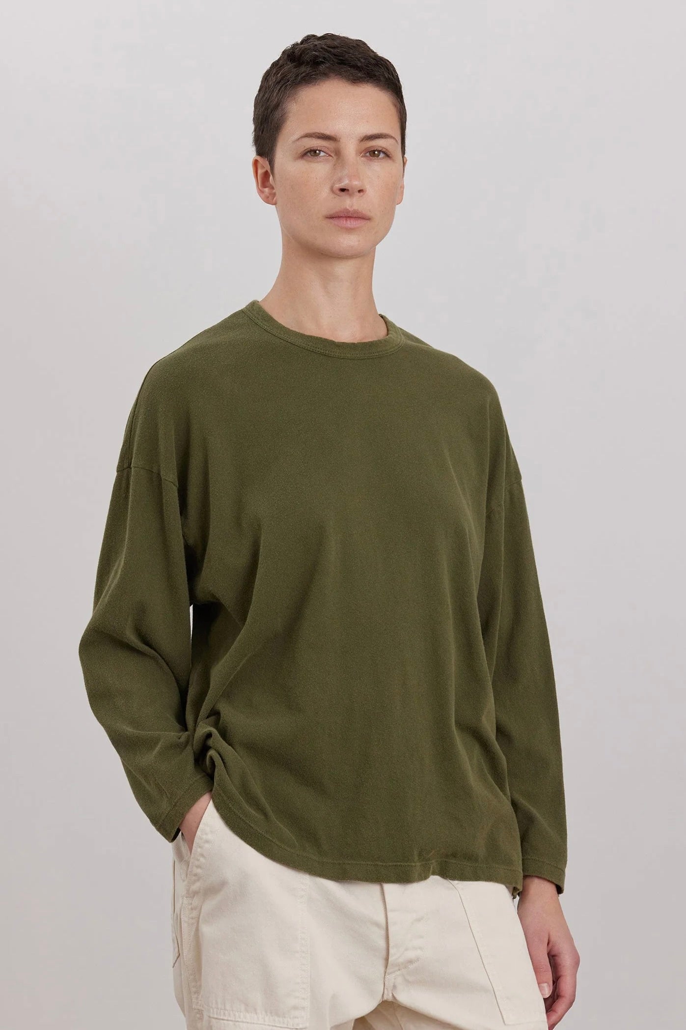 Black Crane Loose Fit Long Sleeve Tee / Army