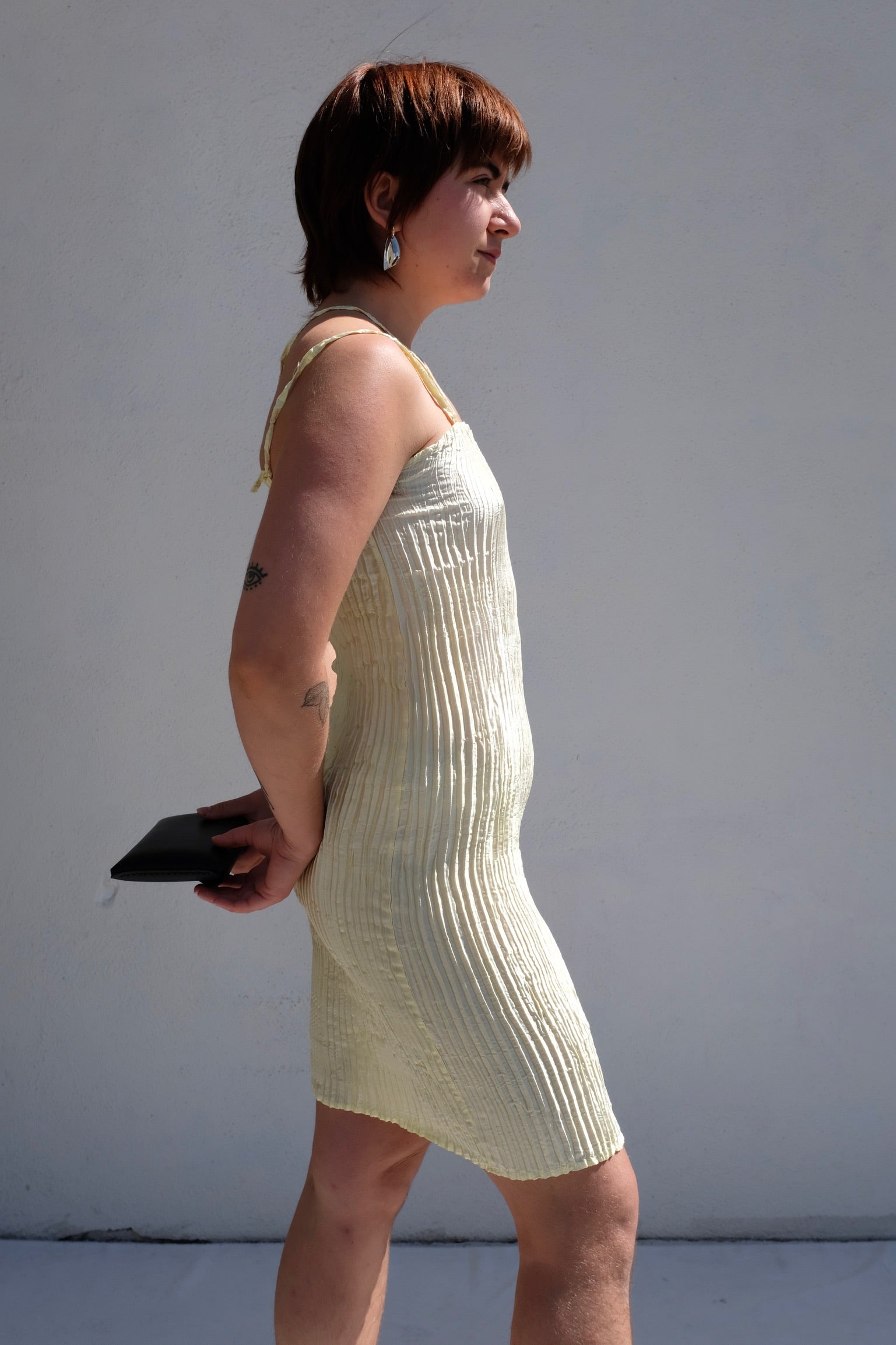Azur Straps Short Dress Pleated Silk / Reseda