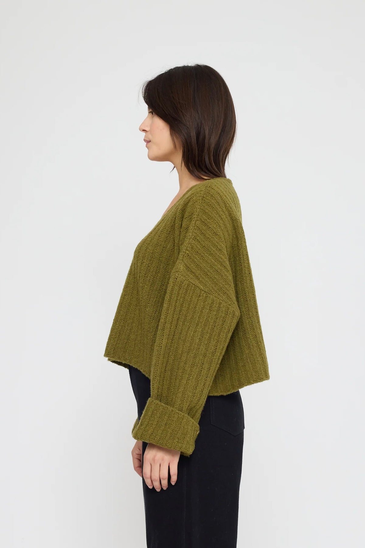 7115 by Szeki Oversized V-Neck Sweater / Kelp Green