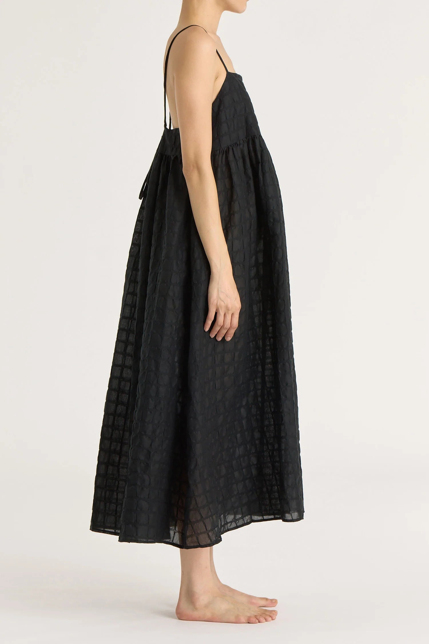 Black Crane Ripple Strap Dress/ Black